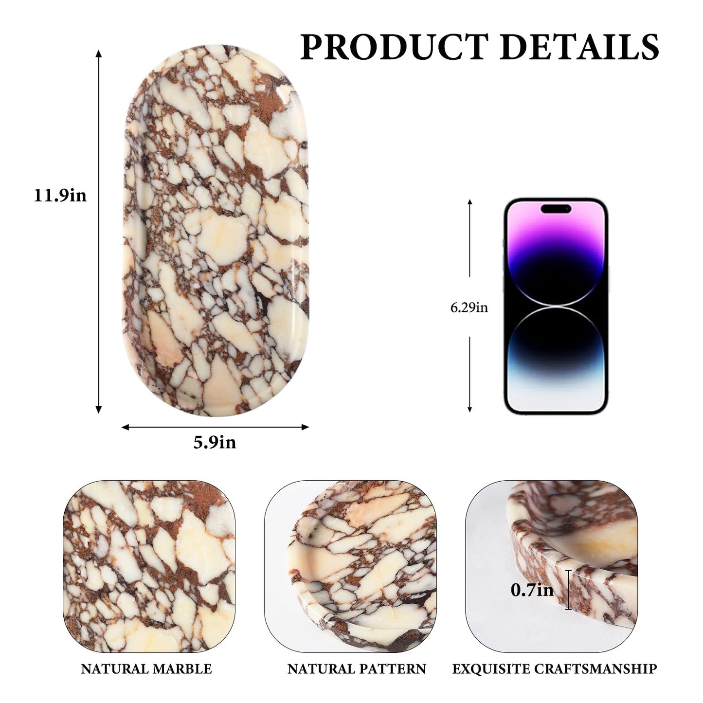 Koville Natural Decorative Marble Bathroom Tray, 12"x6" Calacatta Viola Marble Catchall Tray for Bathroom, Stone Perfume Trays Jewelry Dish, Stone Storage Trays for Home Decor（Textural Differences）