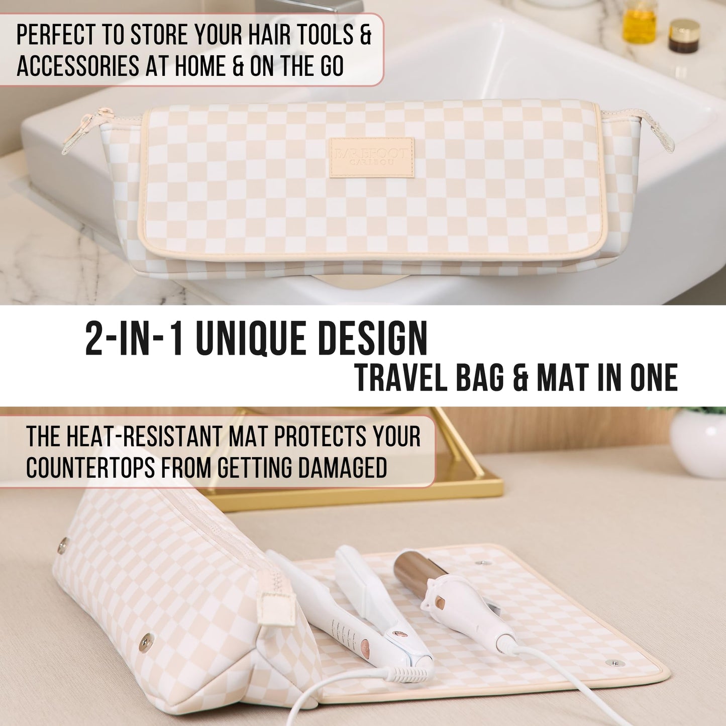 BAREFOOT CARIBOU Hair Tools Travel Bag and Heat Resistant Mat (15.5") for Flat Irons, Straighteners, Curling Iron,and Haircare Accessories, 2-in-1 design, Interior Pockets, Organizer (Checkered Peach)