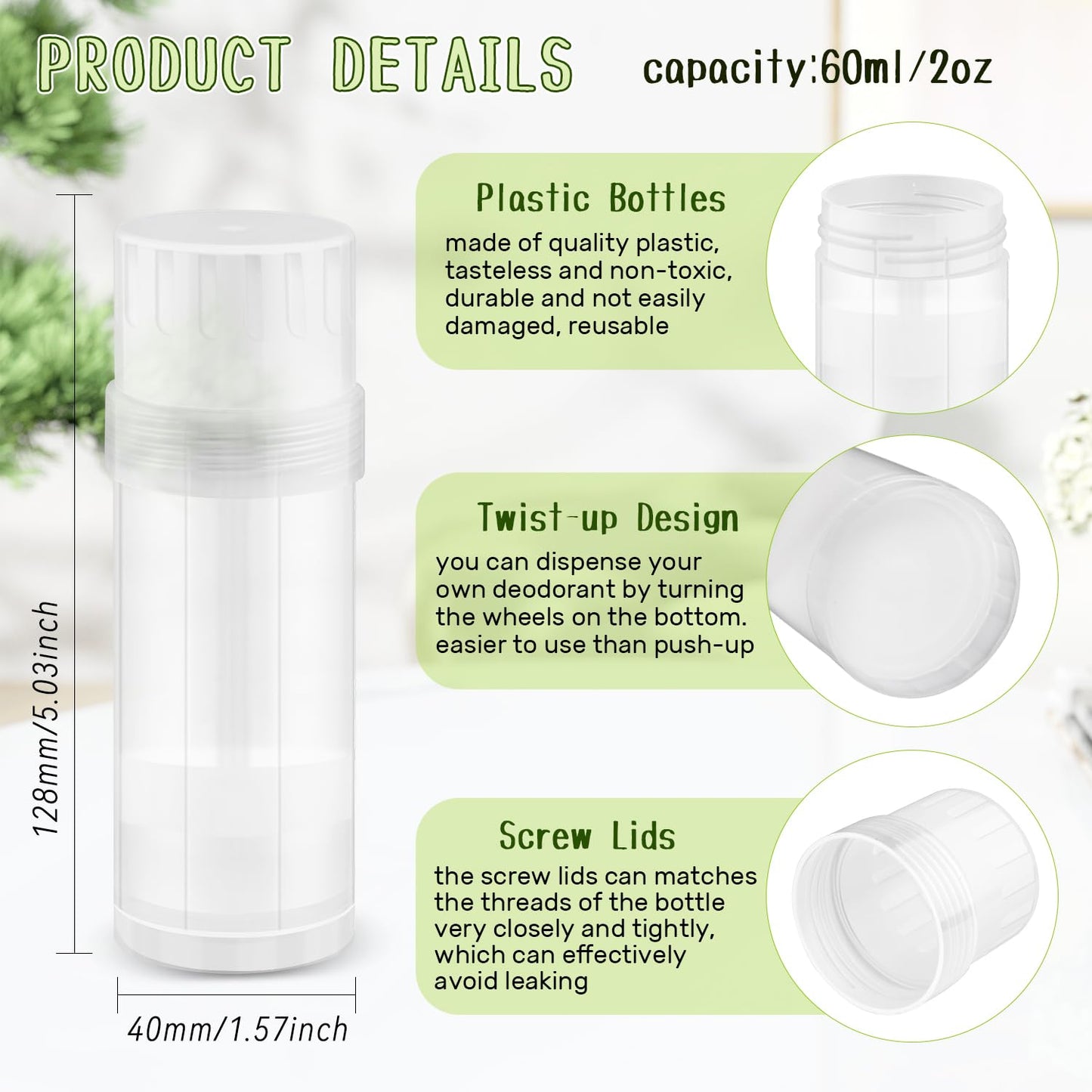 glasstore 15 Pcs Plastic Empty Deodorant Containers Twist-up DIY Deodorant Tubes Top Filling Refillable Lip Balm Tubes For Deodorant Lip Balm Lotion Sticks etc (clear, 60ml/2oz)