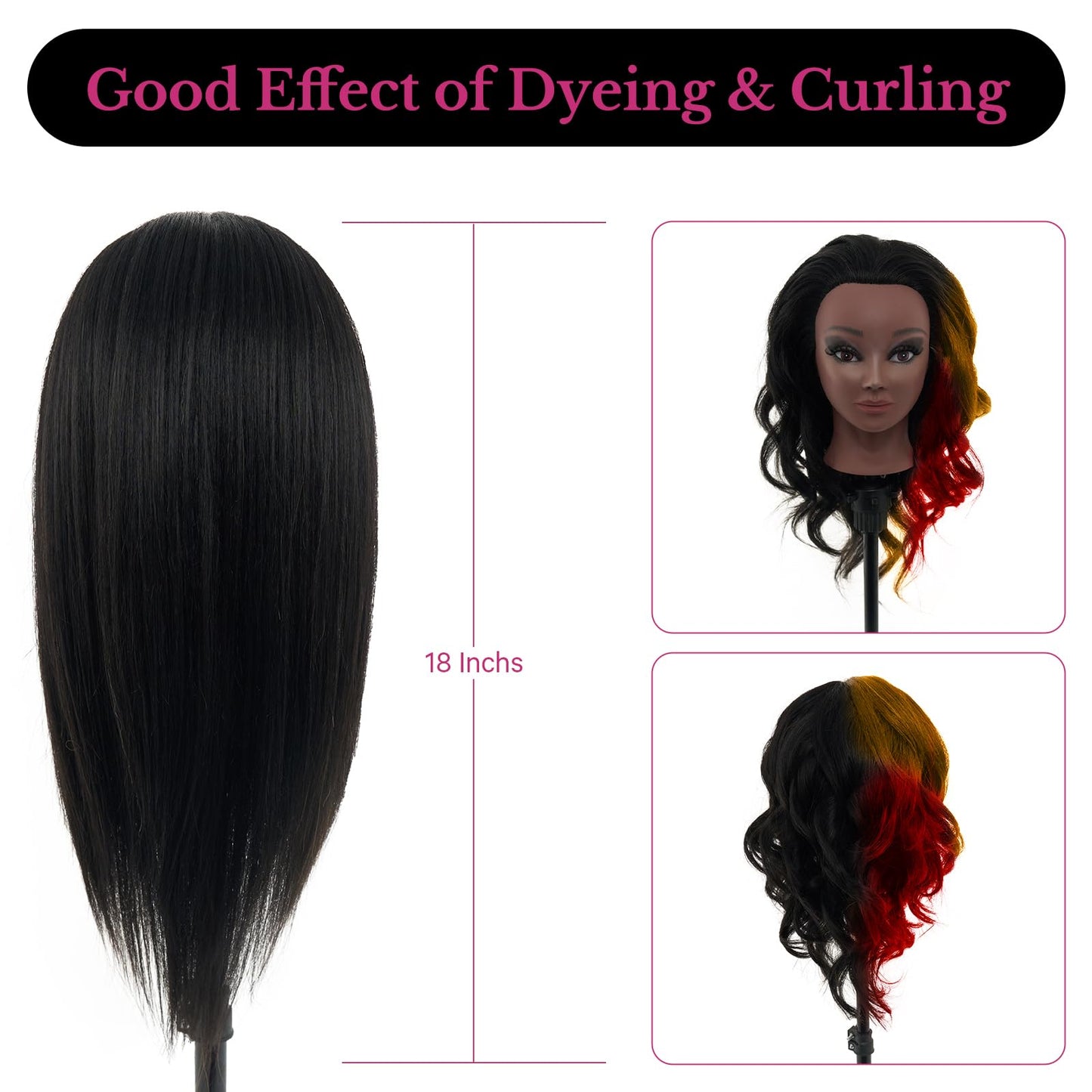 18" Mannequin Head Human Hair with Stand - 100% Real Hair Mannequin Head for Makeup Practice, Cosmetology Manikin Doll Head for Hair Styling, Hairdressing Training Head for Braiding with Tripod,Black
