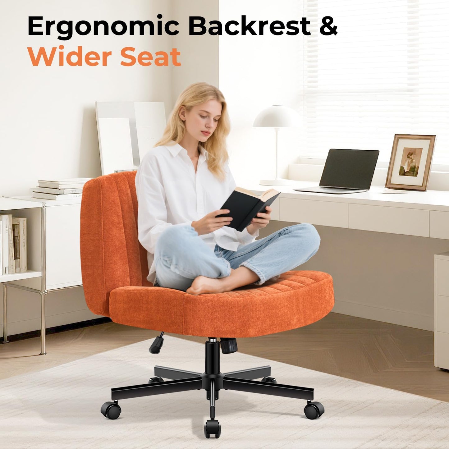 shipborne Convertible Base Criss Cross Chair with Pocket Springs & Thicker and Wider Cushions, Armless Legged Office Chair Relieves Back Pain, Swivel Vanity Chair for Living Room/Office, Orange