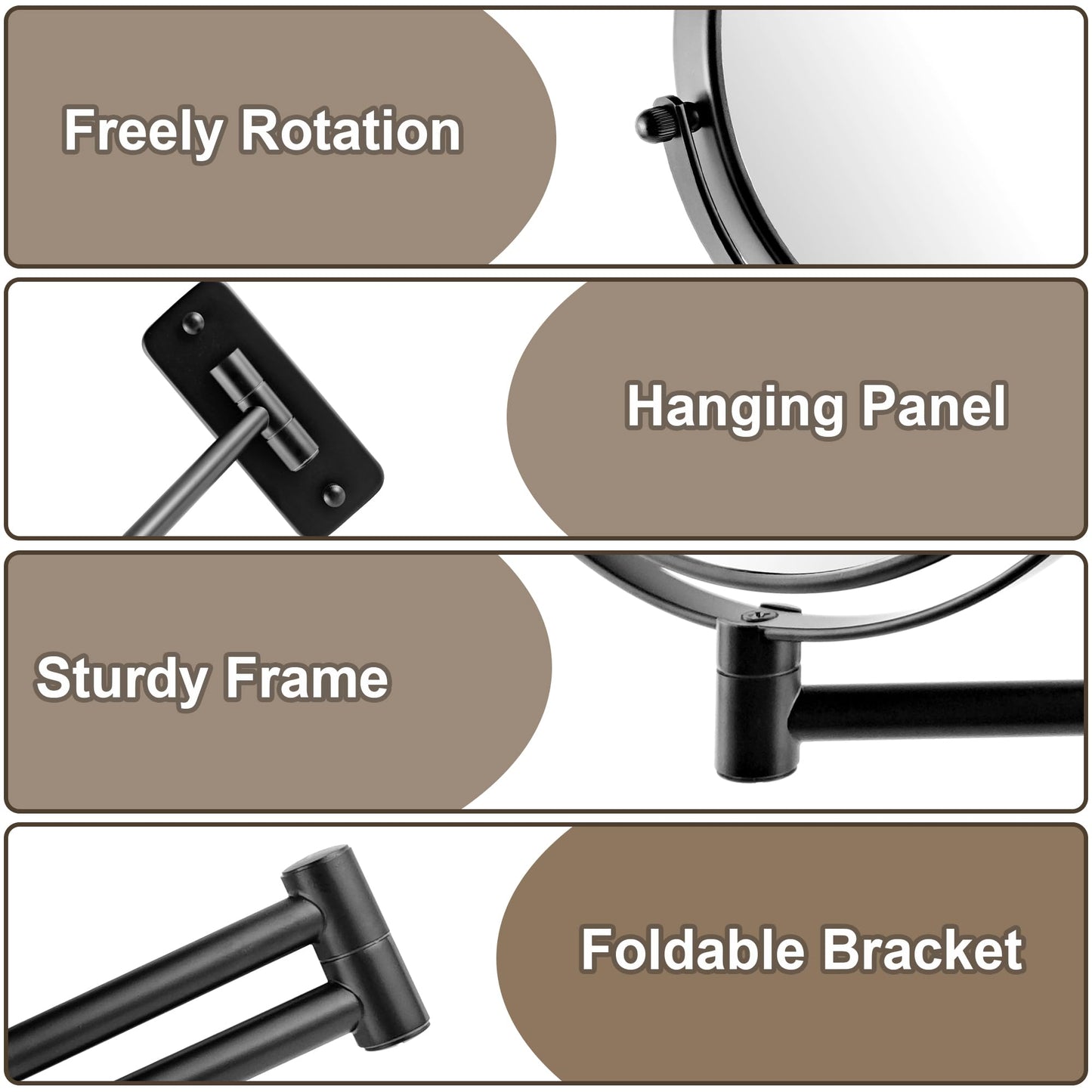 JANEEVA 8" Wall Mounted Makeup Mirror, 1X/10X Magnifying Mirror with 360° Extendable Arm, Double Sided Bathroom Vanity Mirror for Man & Woman (Matte Black)