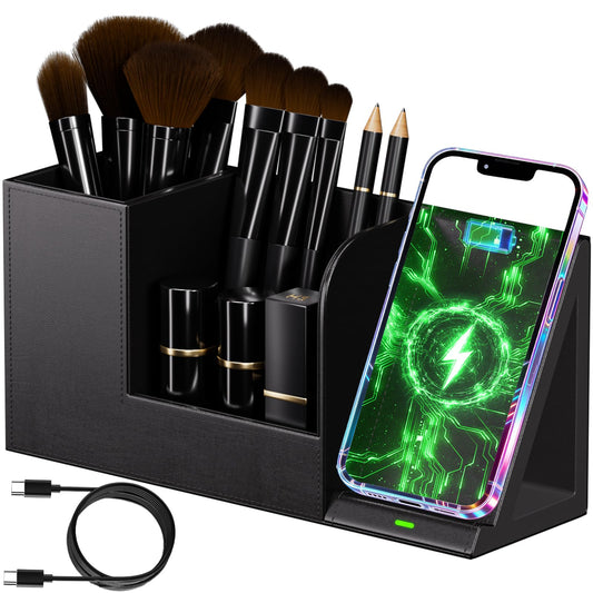 LADSTAG Makeup Brush Holder Organizer, Leather Makeup Brush Cup with Phone Charging Stand for Cosmetics, Nail Polish, Lipstick & Art Supplies Vanity Desktop Bathroom Organizer