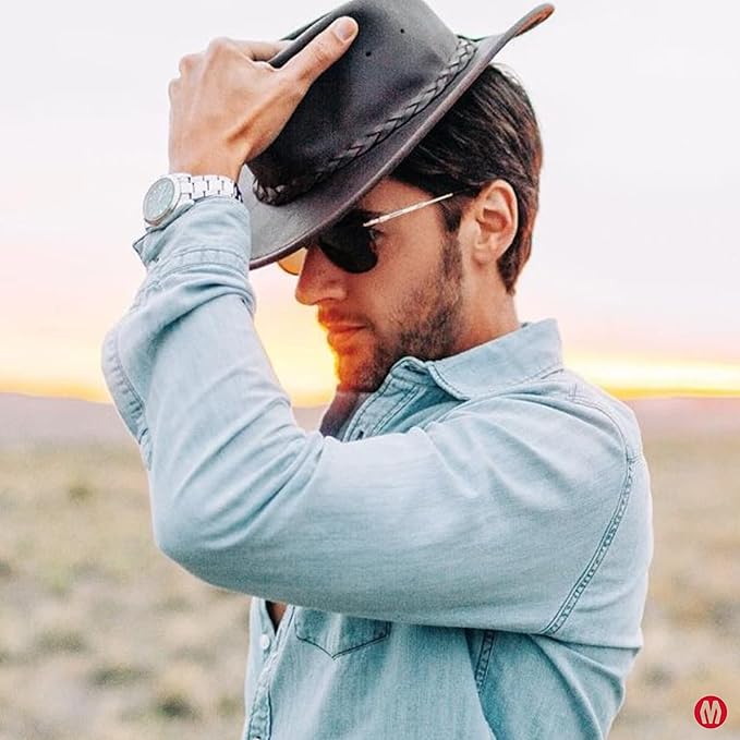 Minnetonka Outback Hat-Flat Brimmed Cowboy Hat for Men and Women Made with Distressed Leather, Hidden Steel Wire in Brim.