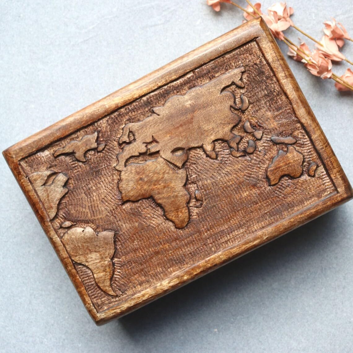 S.B.ARTS Premium Wooden Mini Jewellery Box World Map Design-Trinket Box for Ladies-Jewellery Storage Case-Antique Look-Traditionally Handcrafted Keepsake Box Jewellery Organiser Golden Brown