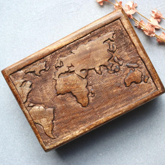 S.B.ARTS Premium Wooden Mini Jewellery Box World Map Design-Trinket Box for Ladies-Jewellery Storage Case-Antique Look-Traditionally Handcrafted Keepsake Box Jewellery Organiser Golden Brown