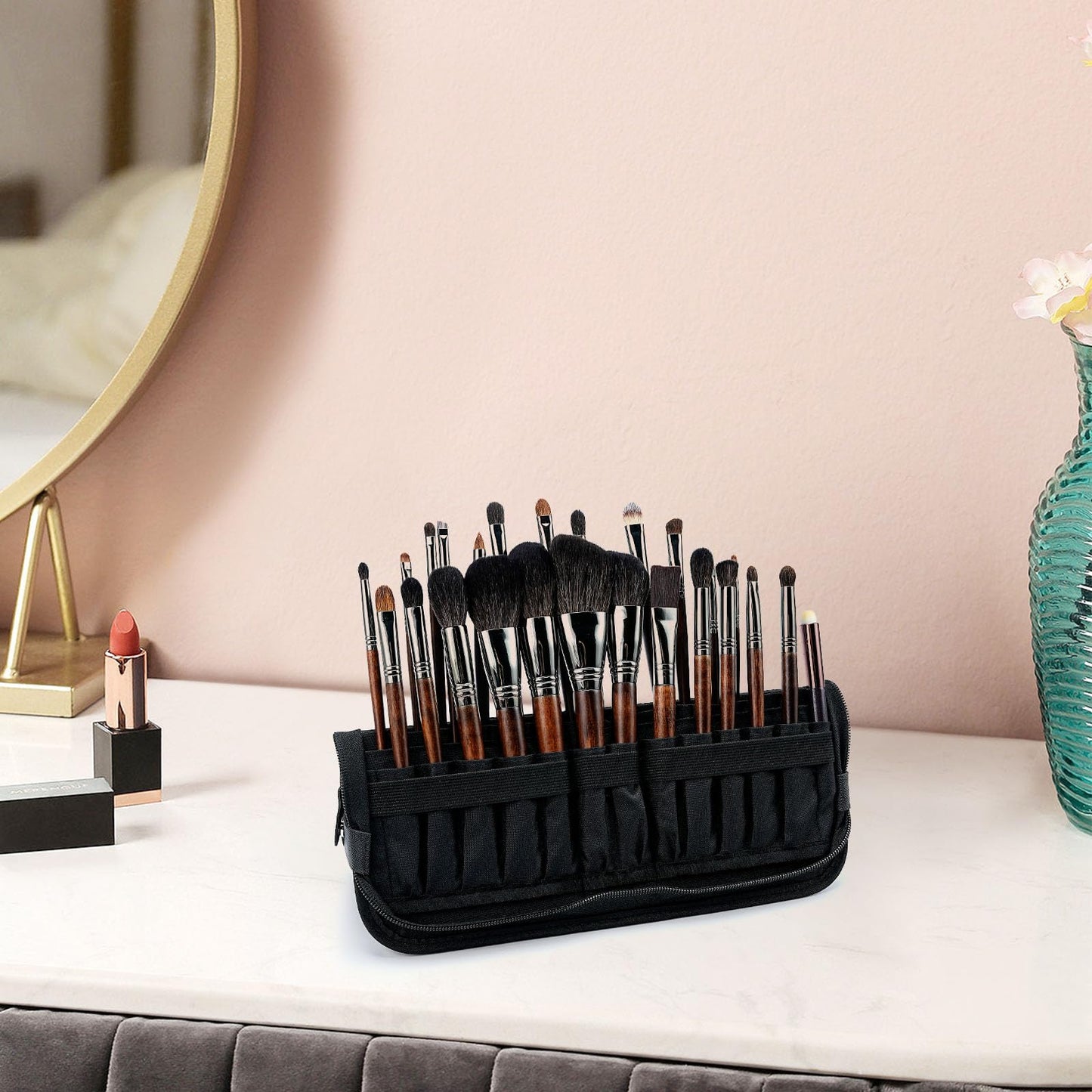 Black Travel Makeup Brush Holder,Waterproof Stand-Up Makeup Brushes Organizer, Portable Makeup Brush Holder Travel Case (BAG-875-22)