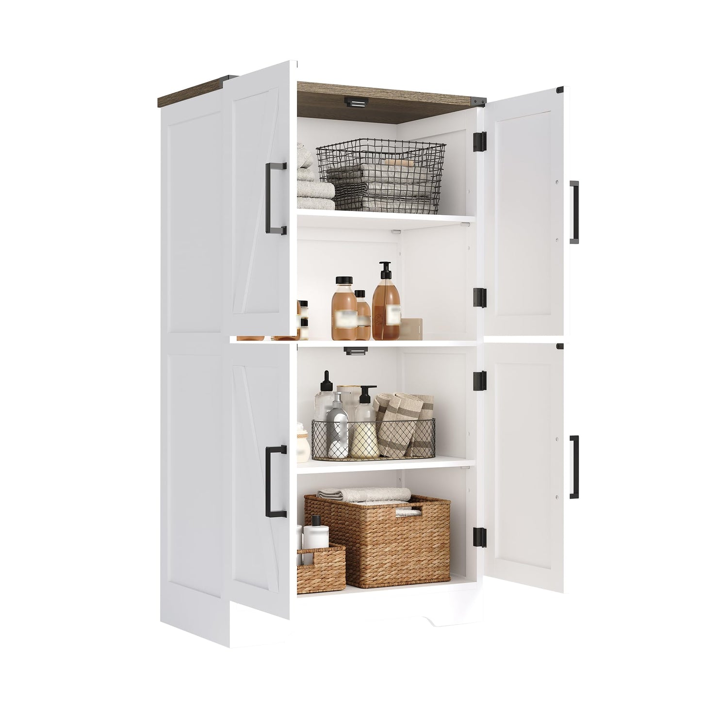 Treocho Narrow Bathroom Floor Cabinet, Farmhouse Bathroom Storage Cabinet with Doors and Adjustable Shelves, Freestanding Kitchen Pantry Cabinet, Cupboard for Living Room, Dining Room, White