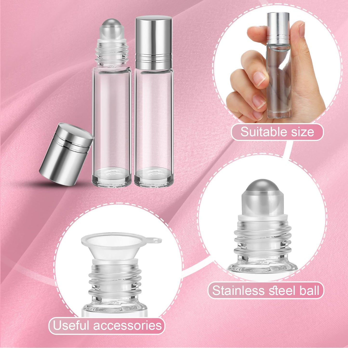 Sumind Essential Oil Roller Bottles - 250 Pcs, 10 ml Glass, Stainless Steel Roller Balls, Leakproof, Funnel Included(Clear with Silver Cap)