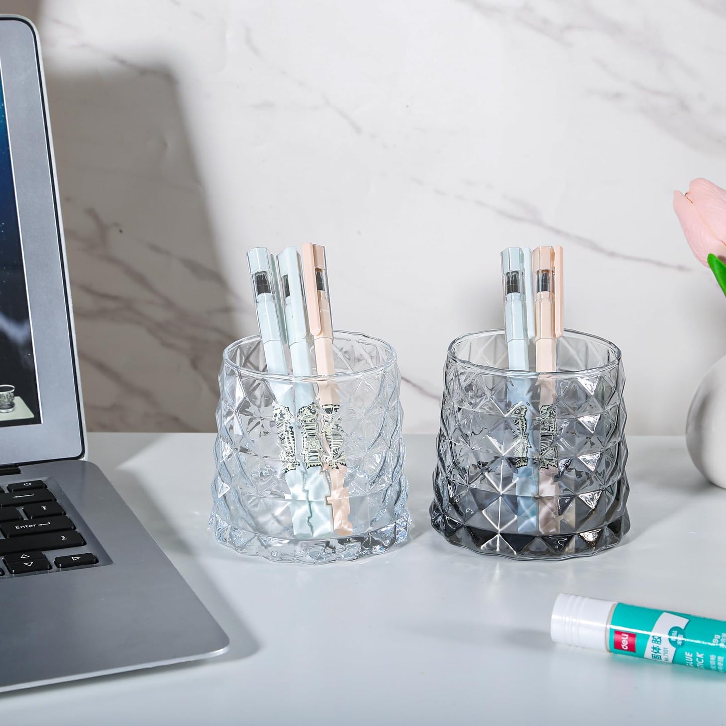 DASITON Glass Makeup Brush Holder Organizer, Diamond Pattern Cosmetic Storage Cup, Makeup Organizer for Vanity, Bathroom Countertop Toothbrush Holder, Desk Pen Pencil Holder (Grey)