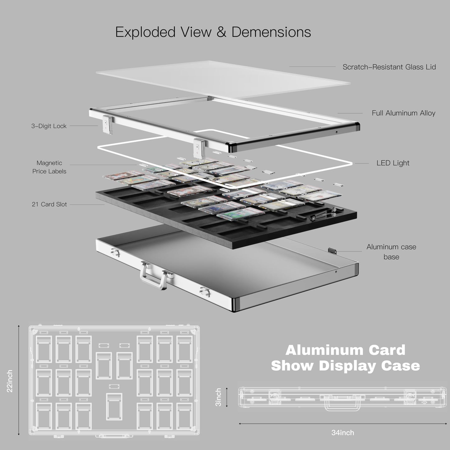 Aluminum Graded Card Show Display Case, LED Lights and Lockable for Graded Cards, Premium Trading Card Case for PSA Graded Pokemon Cards, Sports Card, CGC