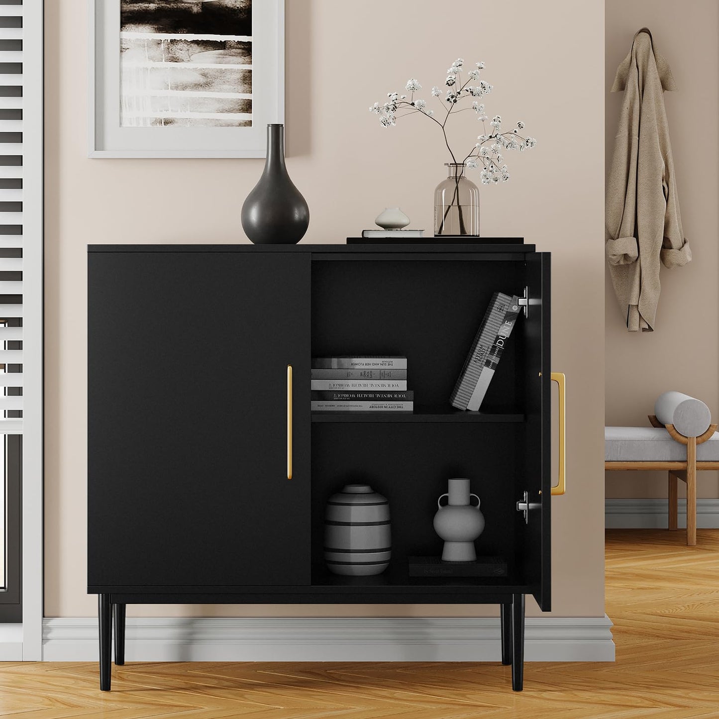 REHOOPEX Black Storage Cabinet with Doors, Modern Accent Cabinet, Free Standing Cabinet with Adjustable Shelf, Wooden Buffet Sideboards for Living Room, Kitchen, Dining Room, Entryway