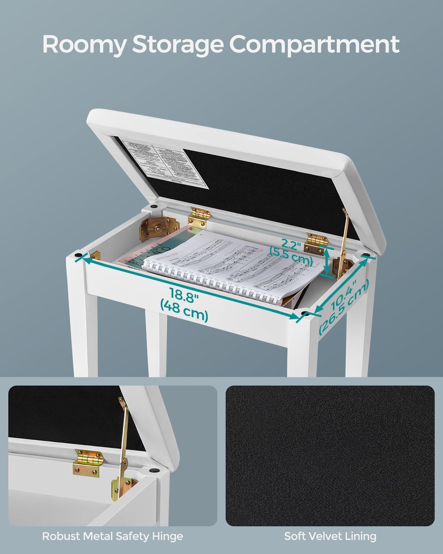 SONGMICS Piano Bench with Padded Cushion and Storage Compartment for Music Books, Vanity Stool, Tufted Wooden Piano Seat, 13.8 x 22 x 19.5 Inches, White ULPB55WT