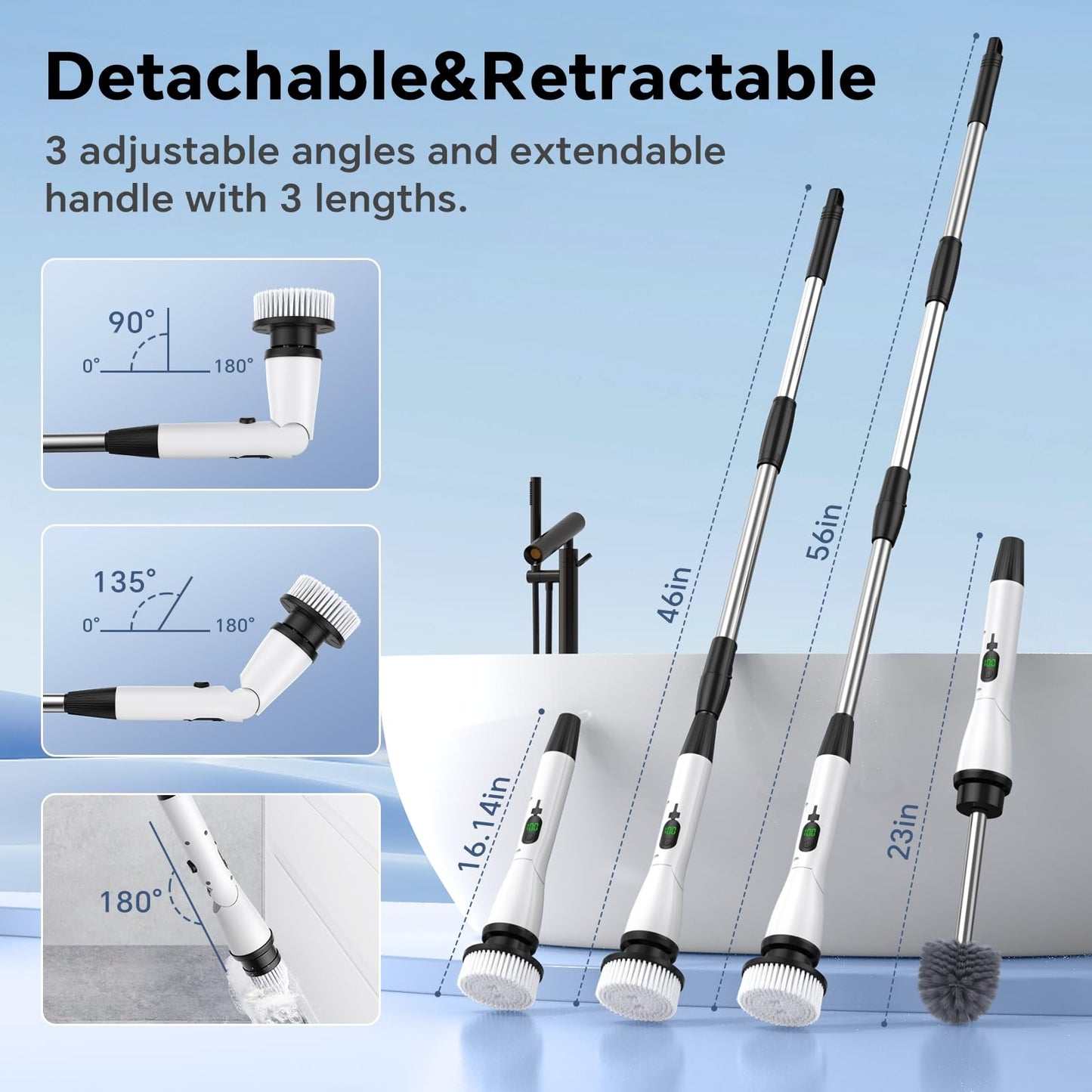 Electric Spin Scrubber with 8 Replaceable Brush Heads 3 Adjustable Angle Waterproof LED Display Cordless Cleaning Brush Supplies Bathroom Cleaner Set Long Handle Power Scrubber for Shower Floor Tub