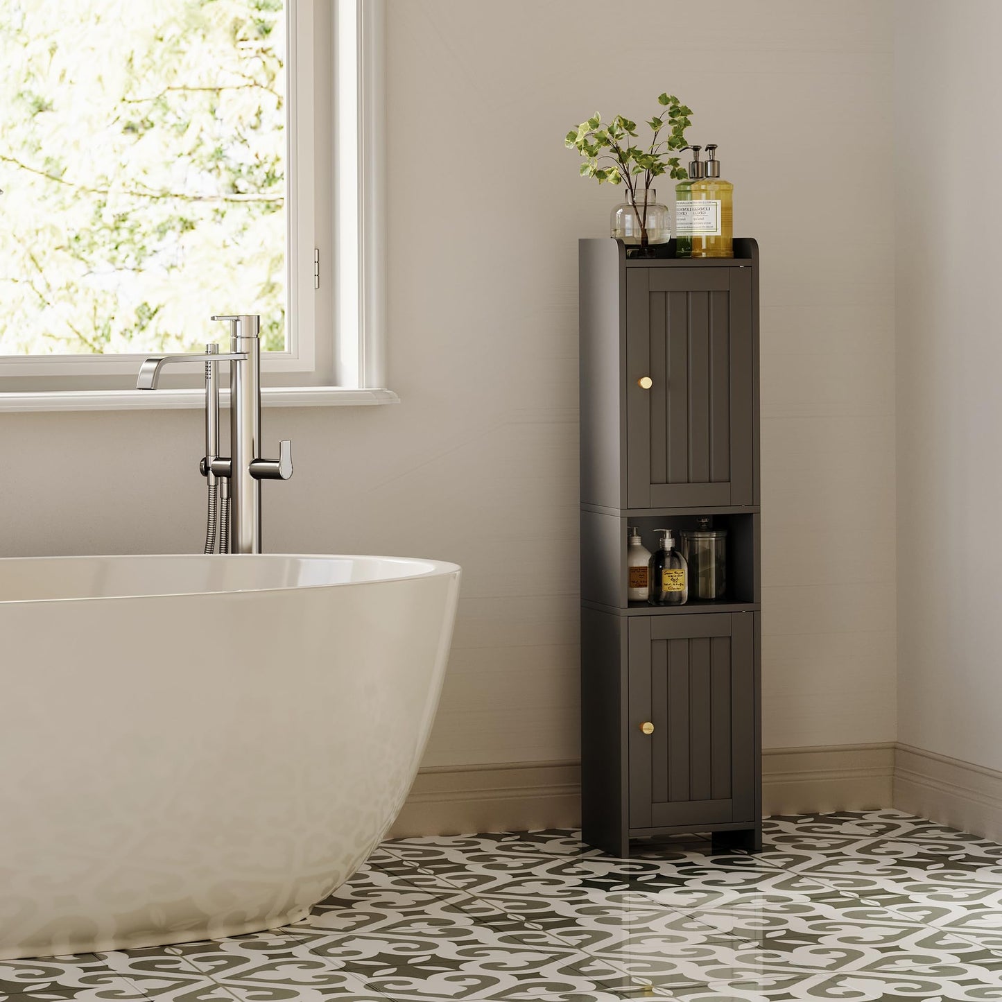 GLANZALANT Bathroom Cabinet with 2 Doors, 7.3 x 9.8 x 40.4 Inches, Small Freestanding Storage Cabinet with Adjustable Shelf, Floor Cabinet for Small Spaces, Bathroom, Entrances, Kitchen, Black