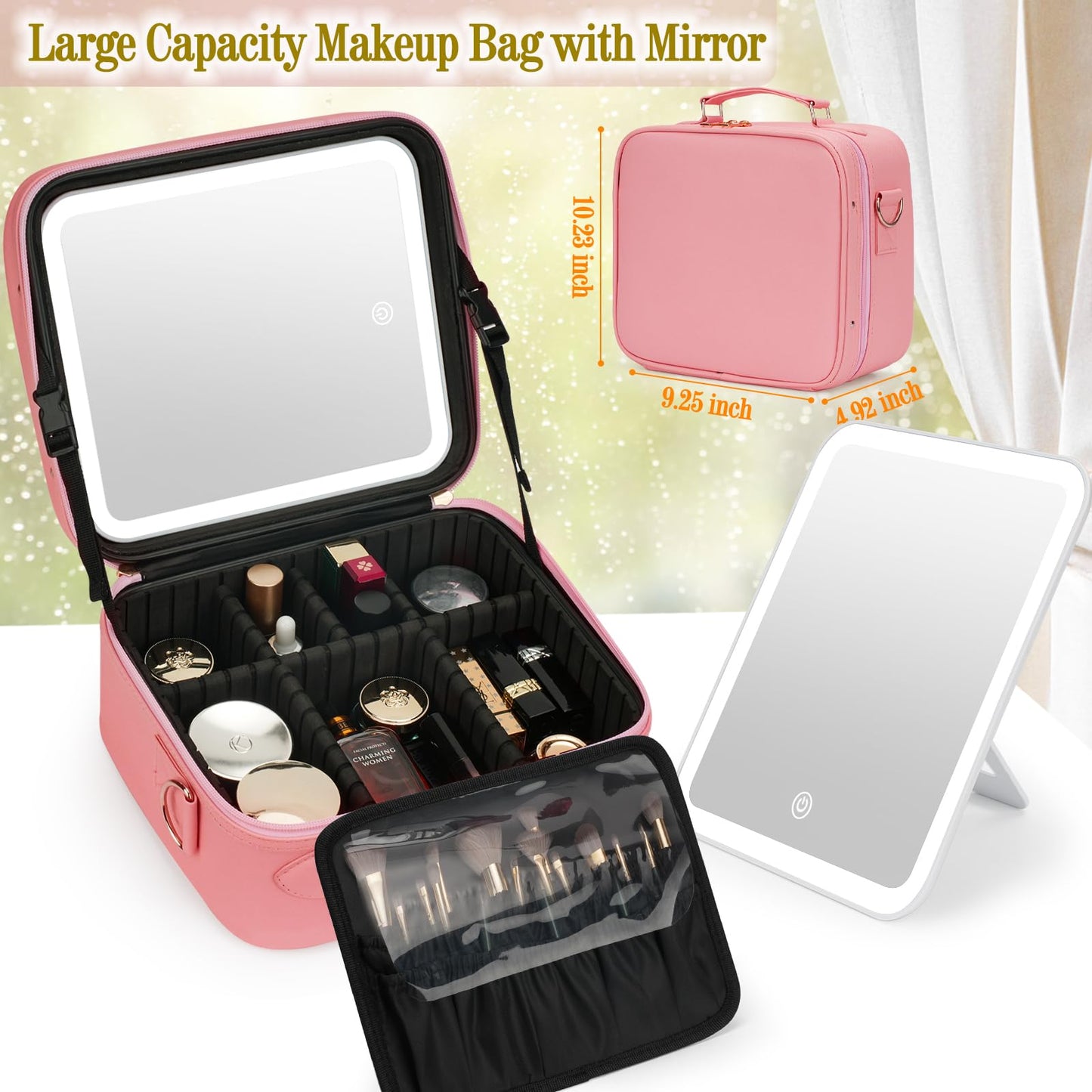 ViKert Travel Makeup Bag with Light Up Mirror,Makeup Travel Case with adjustable dividers,Waterproof Makeup Train Case,lighted Makeup Case with Detachable Mirror