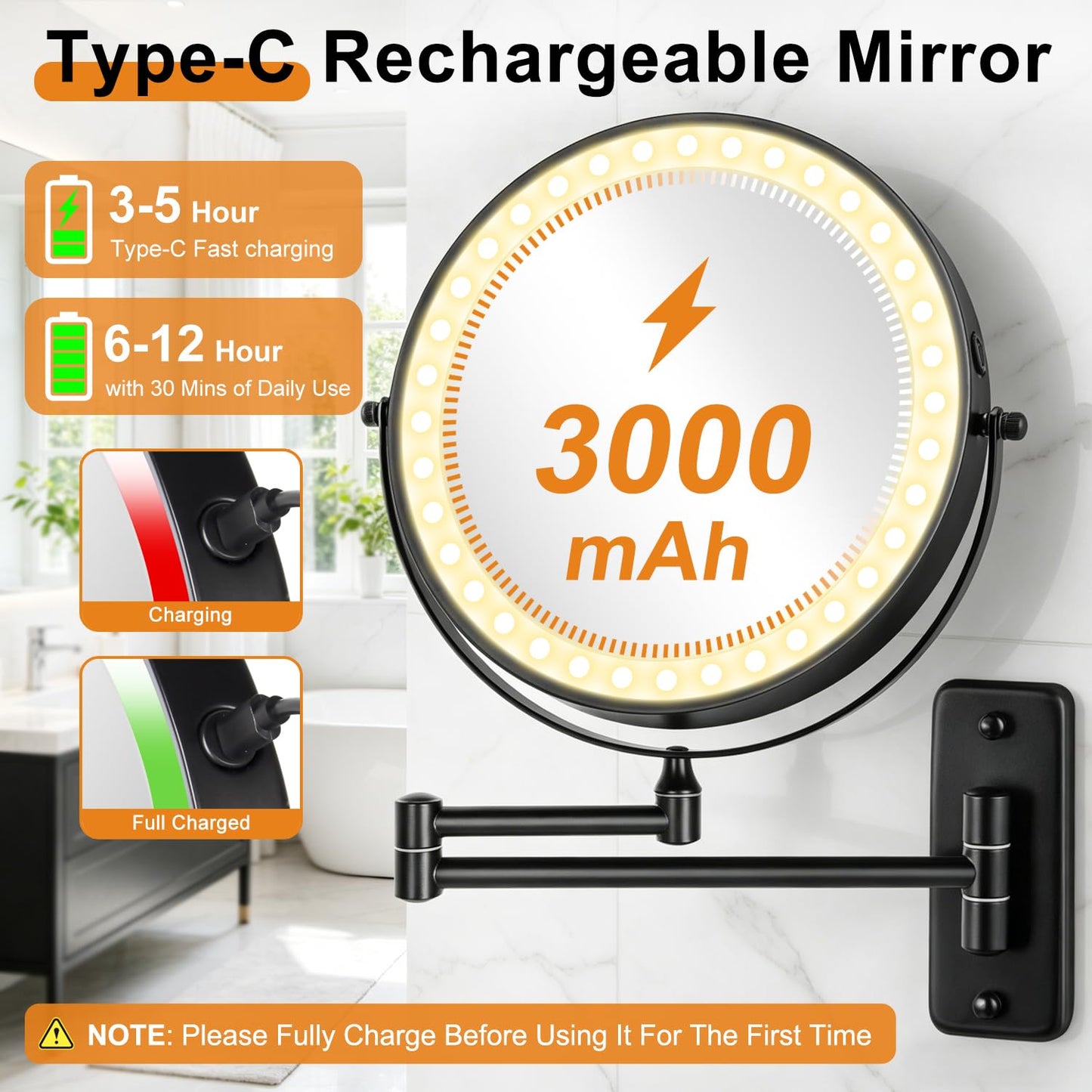 DECLUTTR 1X/30X Wall Mounted Lighted Makeup Mirror, 8" Rechargeable Double Sided Magnifying Mirror with Light, 3 Color Lights Touch Dimmable, Extended Swivel Makeup Mirror