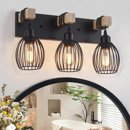 A1A9 Farmhouse Bathroom Vanity Light, 3-Light Rustic Wood Bathroom Lighting Fixtures Over Mirror, Industrial Black Vanity Lights with Elegant Teardrop Lampshade for Bedroom Living Room Hallway
