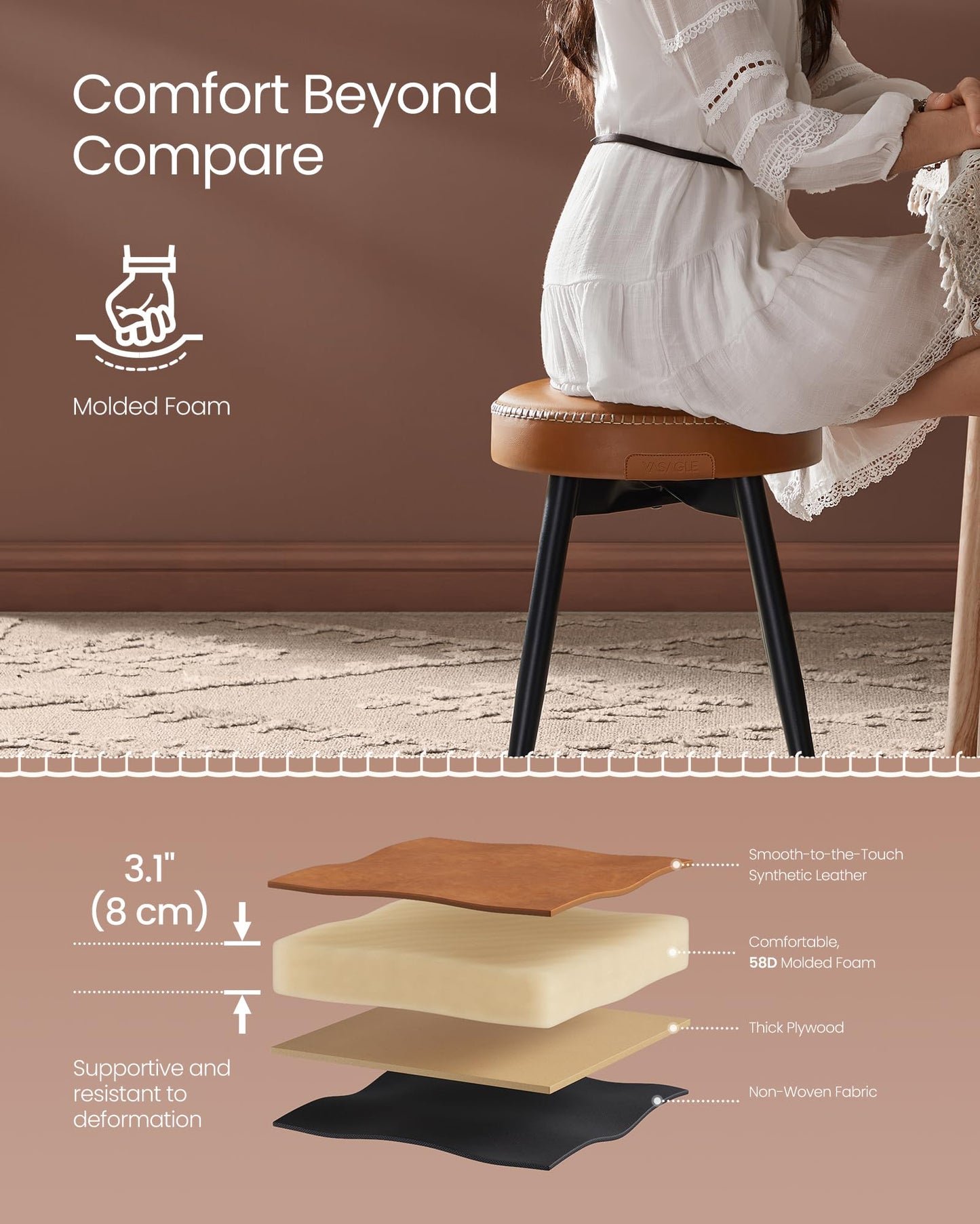 VASAGLE EKHO Collection - Dining Chairs Stools Set of 2, Upholstered Kitchen Chairs, Vanity Stools, Synthetic Leather with Stitching, Mid-Century Modern, 19-Inch Tall, Easy Assembly, Caramel Brown