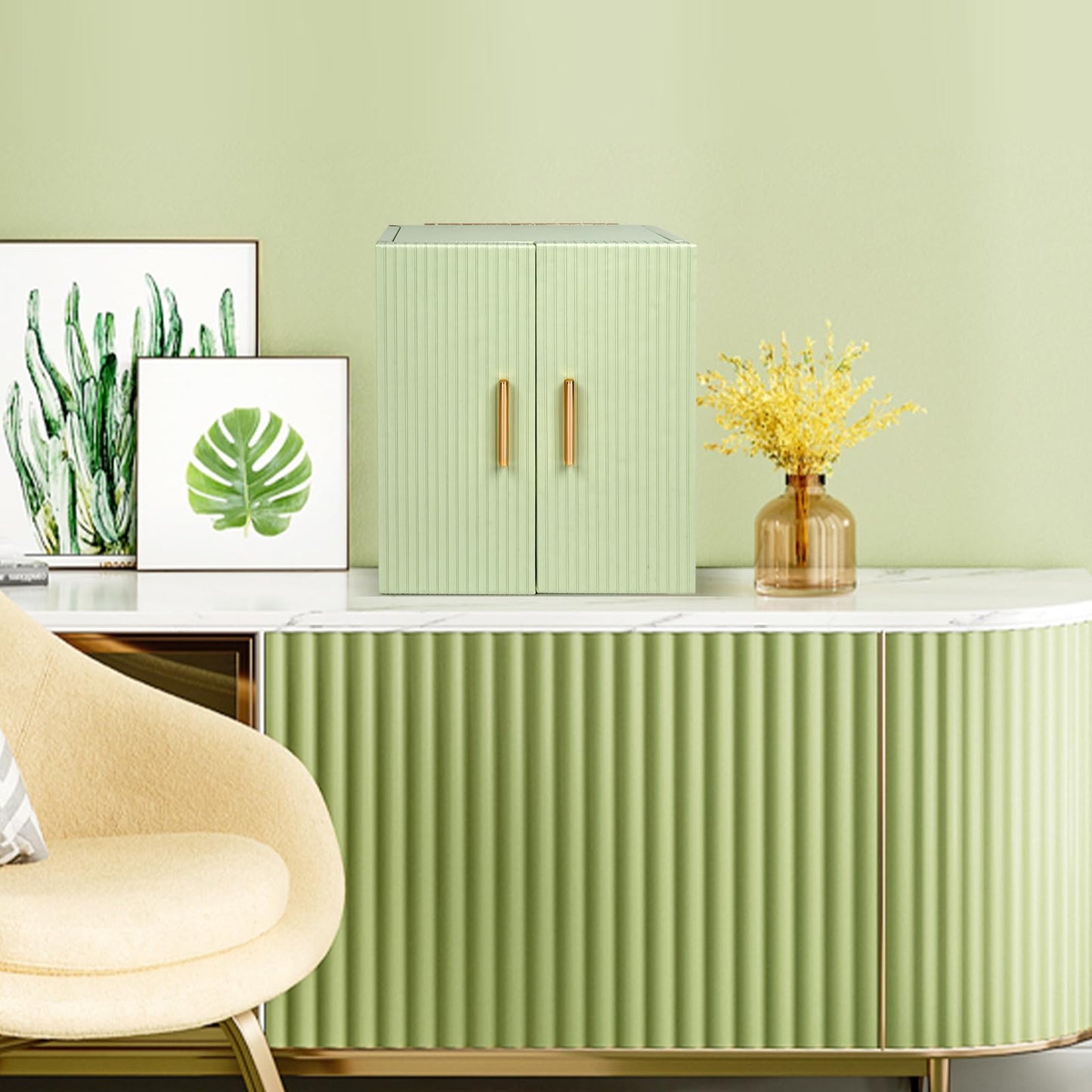 Dajasan Large Jewelry Box Organizer, Jewelry Storage Organizer with 3 Drawers, Huge Jewelry Box with Mirror for Women Girls, Double Door, Textured PU Leather, Gift Idea, Stylish (Green + Gold)