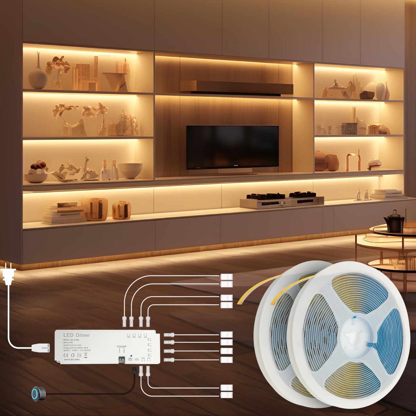 HAMRVL LED Shelf Lights, 12V COB LED Strip Lights 32.8ft (2 Roll of 16.4ft), Dimmable Cuttable Warm White 3000K Shelf Lighting LED Lights for Shelves, Display Cases, Bookshelves, Kitchen Cabinets