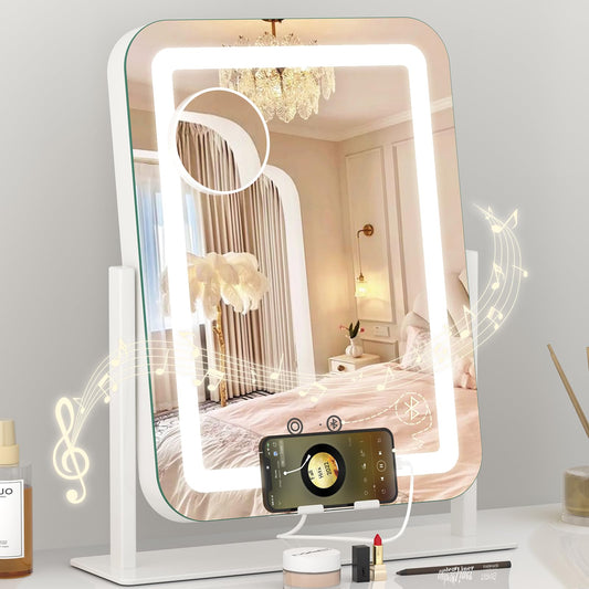 Dripex 5-in-1 Lighted Vanity Mirror with Bluetooth Speaker & Type-C Charging, 15"x12" LED Makeup Mirror with Lights 3 Colors Dimmable, Phone Holder Touch Keys 10X Magnification