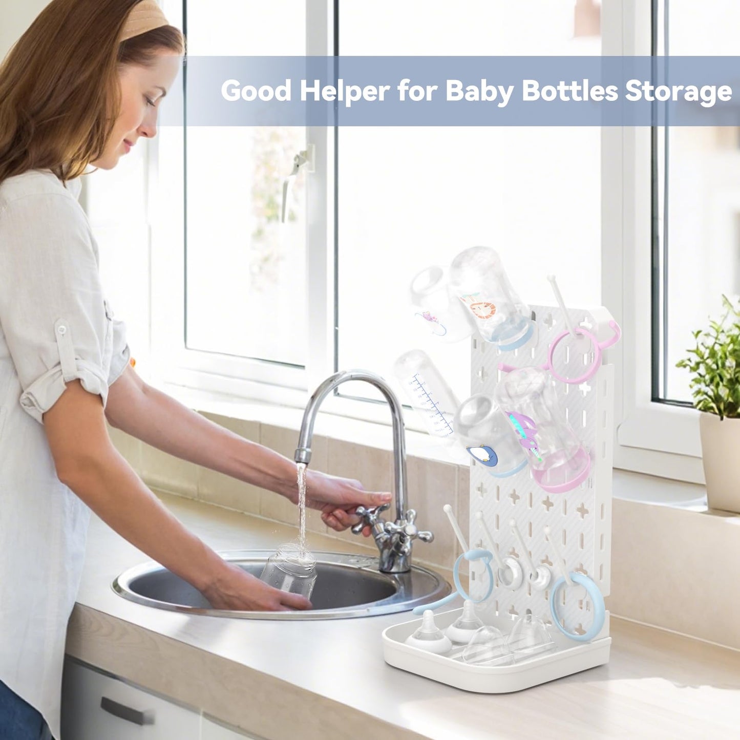 Baby Bottle Drying Rack Baby Bottle Holder Space Saving Bottle Dryer Rack Station Countertop Storage Organizer 12 Travel Bottle Drying Rack Vertical Breast Pump Part Plastic Bag Cup Dryer Tower White