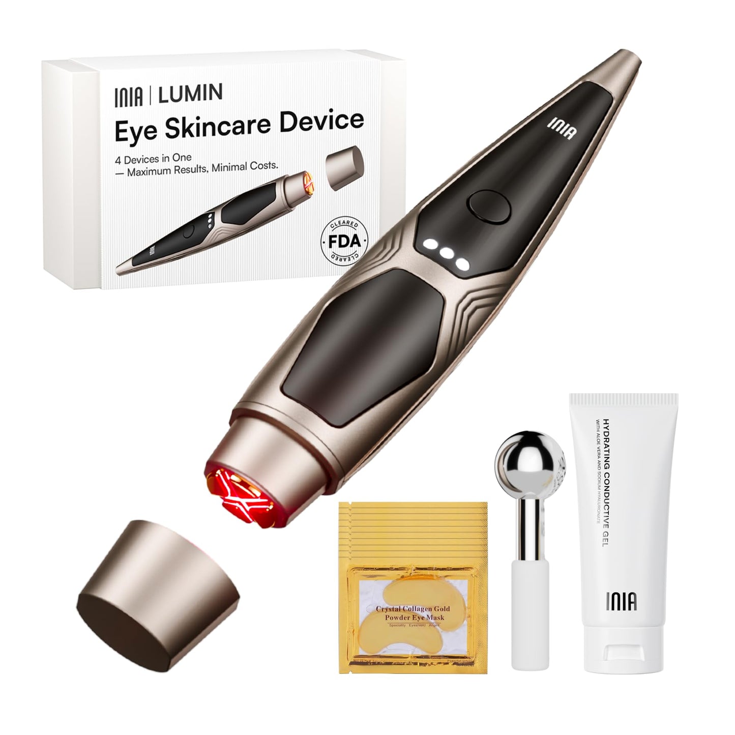 INIA 4-in-1 Eye Massager Tool Under Eye Red Light Therapy for Face, Eye Lift Depuffing Wand with Heat & Vibration for Dark Circles, Puffiness & Skin Firming – Enhances Skincare Routine