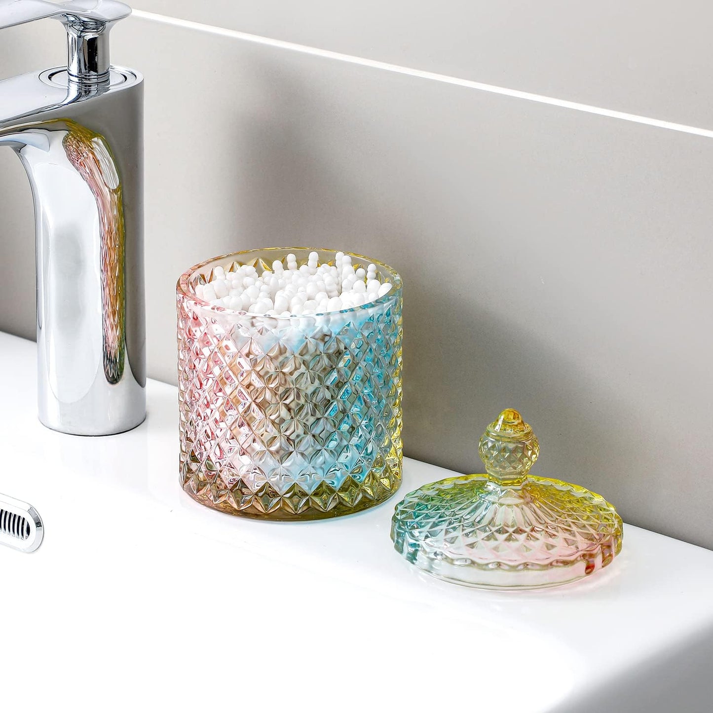 rejomiik Qtip Holder Glass Apothecary Jars with Lid Bathroom Accessories Vanity Organizers and Makeup Storage for Cotton Swabs, Makeup Sponges, Bath Salts, Canister Dispenser, 2 Pack Rainbow