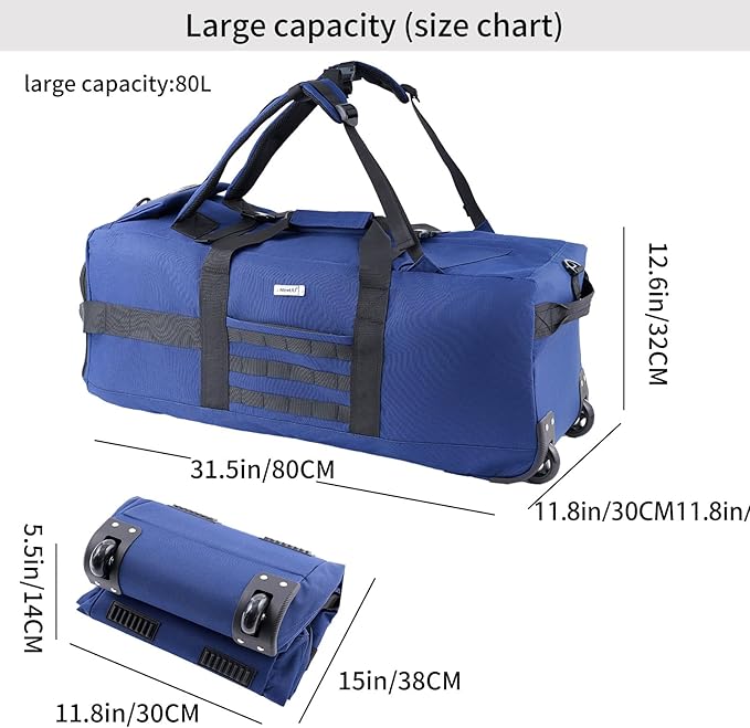 80L Waterproof Rolling Duffel Bag with Wheels, Military Tactical Wheeled Foldable For Deployment Traveling Camping Sporting (Blue)