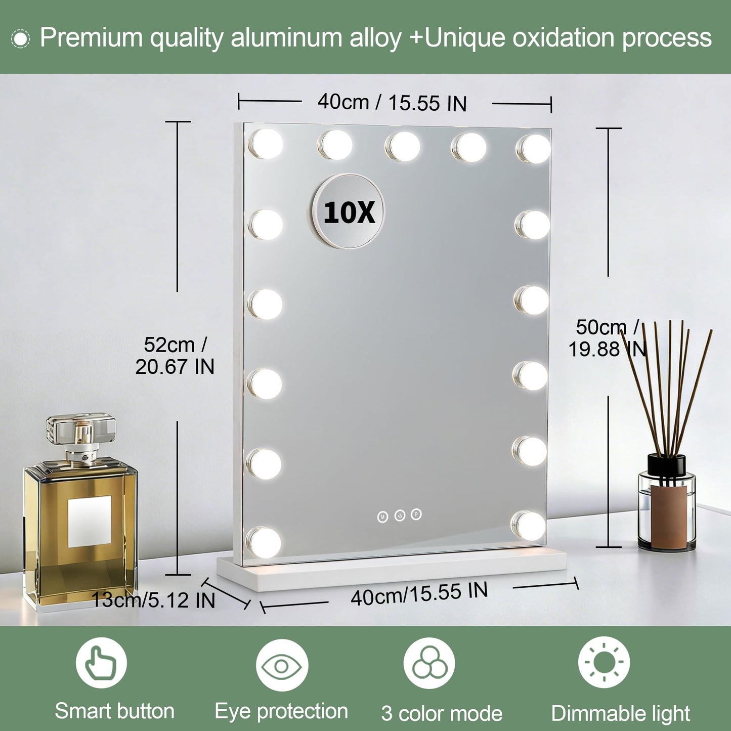 Lintterty Makeup Mirror with Light, Vanity Mirror with 15 Dimmable LED Bulbs, 3 Color Lighting Modes, 10X Magnification, Touch Control, USB Charging Port, White Metal Frame