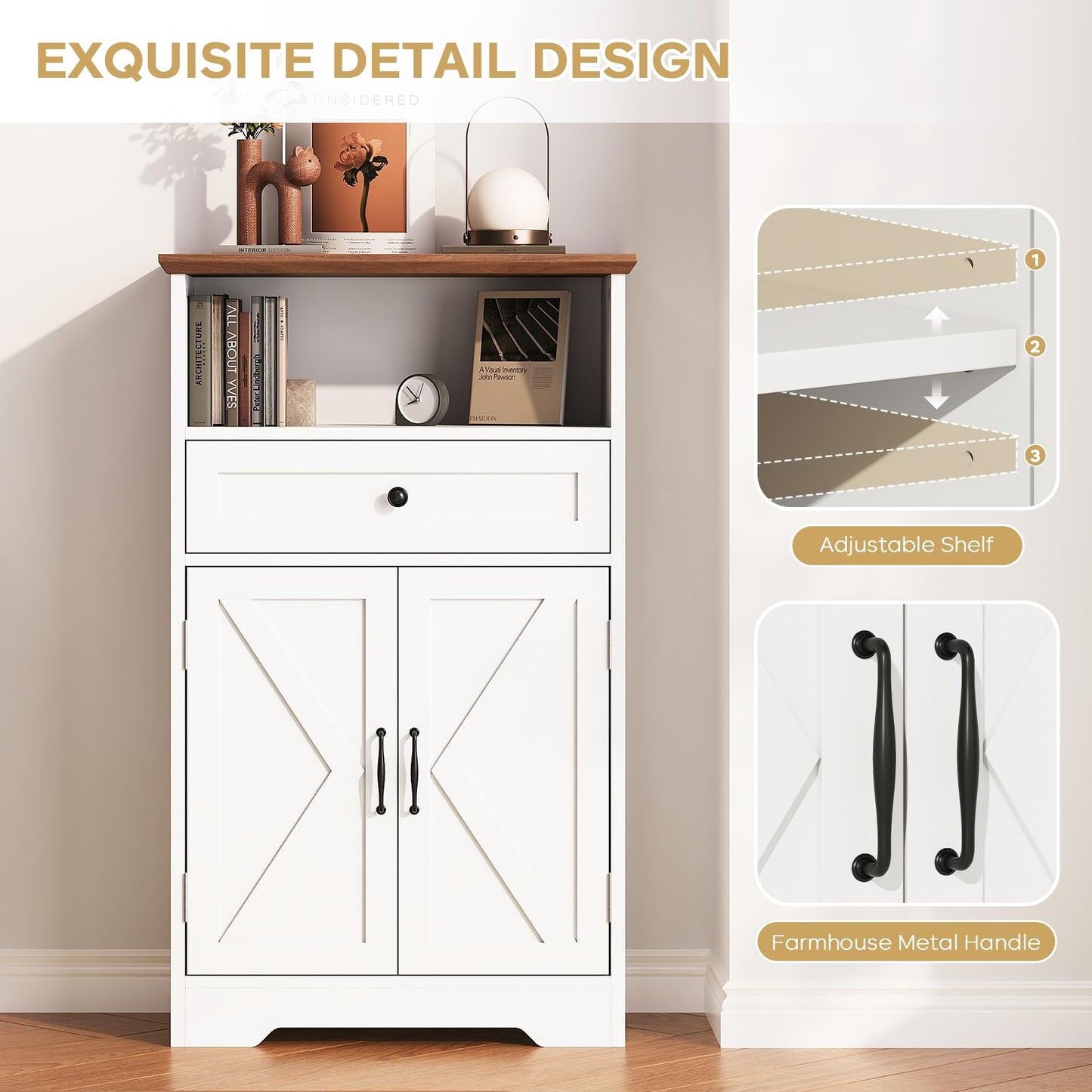 Viroformo Floor Cabinet, Farmhouse Storage Cabinet with Barn Doors and Drawer, 11.81" D x 23.62" W x 39.37" H White Freestanding Adjustable Shelf Organizer for Bathroom, Kitchen, Living Room