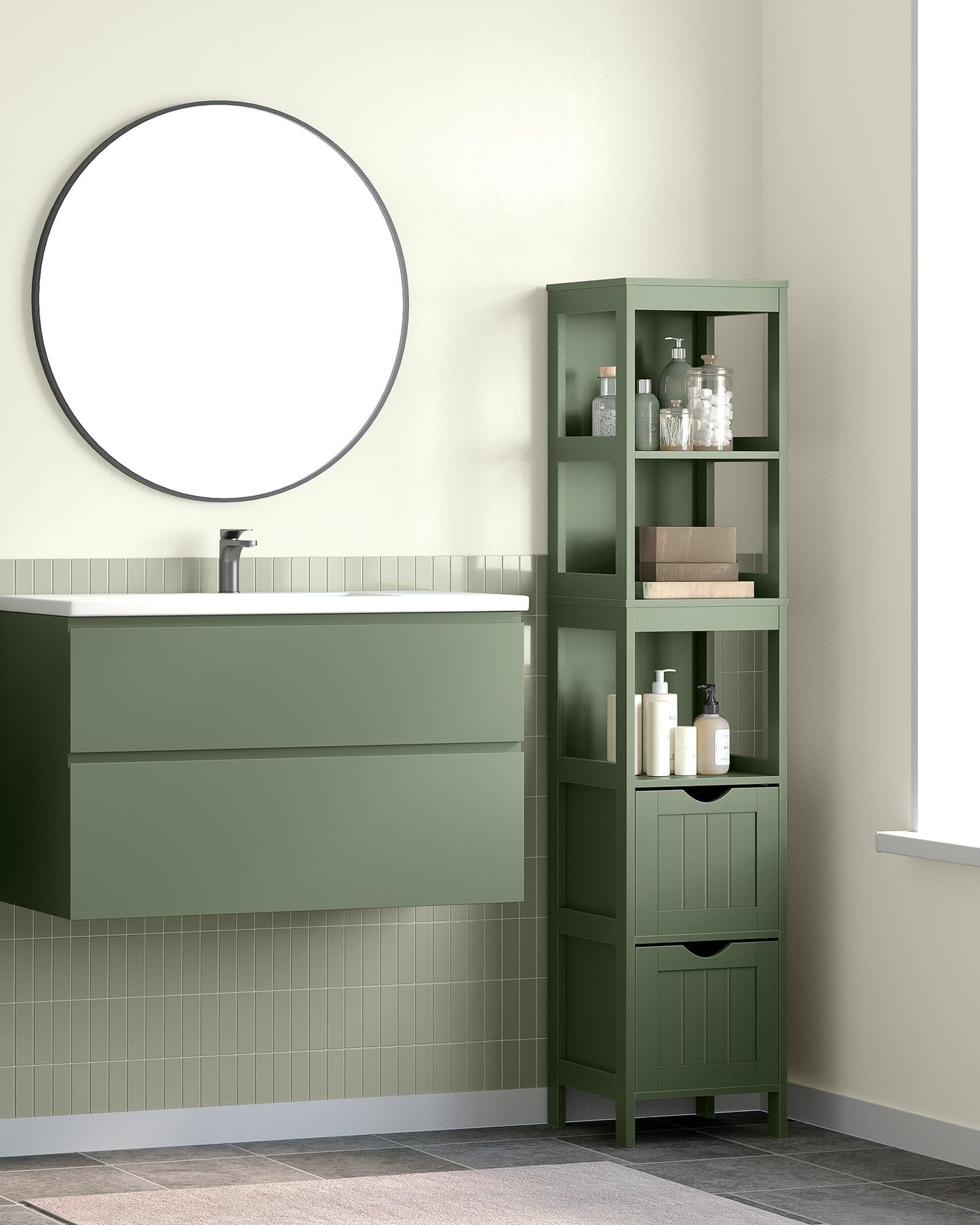 VASAGLE Storage Cabinet, Storage Organizer Rack Stand for Bathroom, Living Room, Multifunctional Corner Unit, 2 Drawers, 55.7 Inches in Height, Forest Green UBBC066C01