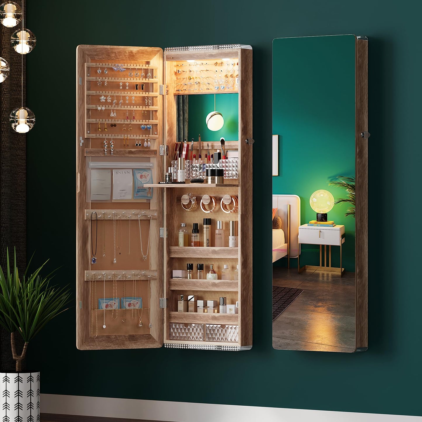 HNEBC Full Length Mirror with Storage, Wall Mounted Jewelry Cabinet with Lights, Lockable Over Door Jewelry Organizer with Drawer, Foldout Makeup Tray 47.2" Hx14.5 Wx3.9 D,Natural