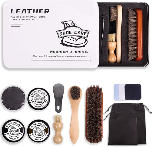 14 Pcs Premium Shoe Shine & Care Kit, Leather Boot Polish and Cleaning Tools - Shoe Care Set for Men & Women