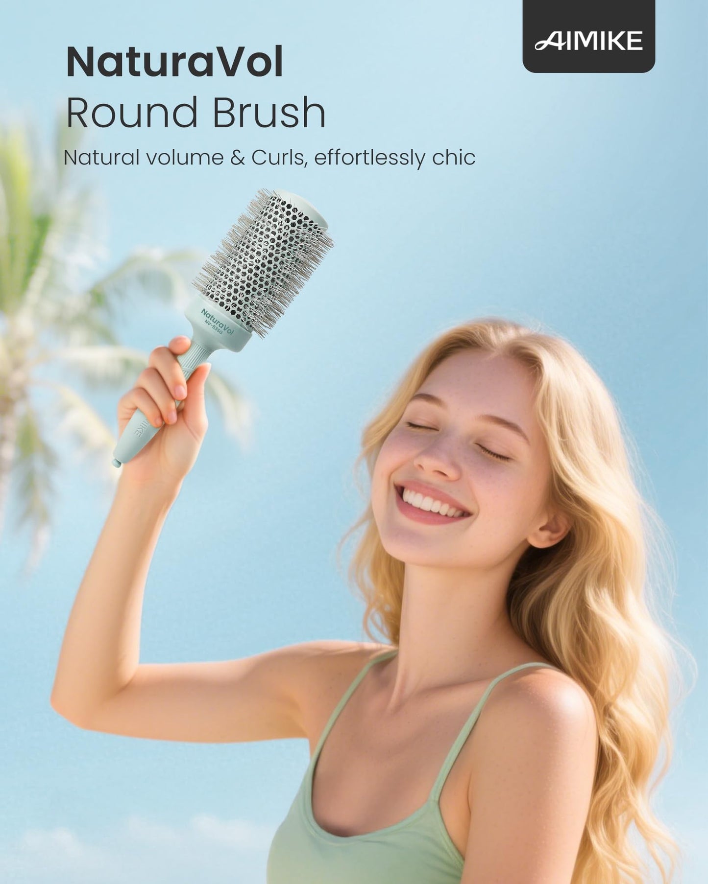AIMIKE NaturaVol Round Brush for Blow Out, Large Round Hair Brush with Nano Thermal Ceramic Tech, for Fine Hair-Friendly Blow Drying & Styling at Home, Maximum Volume Shine-2.1" Barrel, 3" w/Bristle