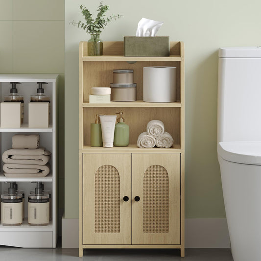 HEXCELEN Small Bathroom Storage Cabinet, Bathroom Organizers and Storage with 2 Doors and Shelves, Floor Cabinet Freestanding with Adjustable Shelf for Small Spaces, Yellow 7.9" D x 14.6" W x 29.6" H