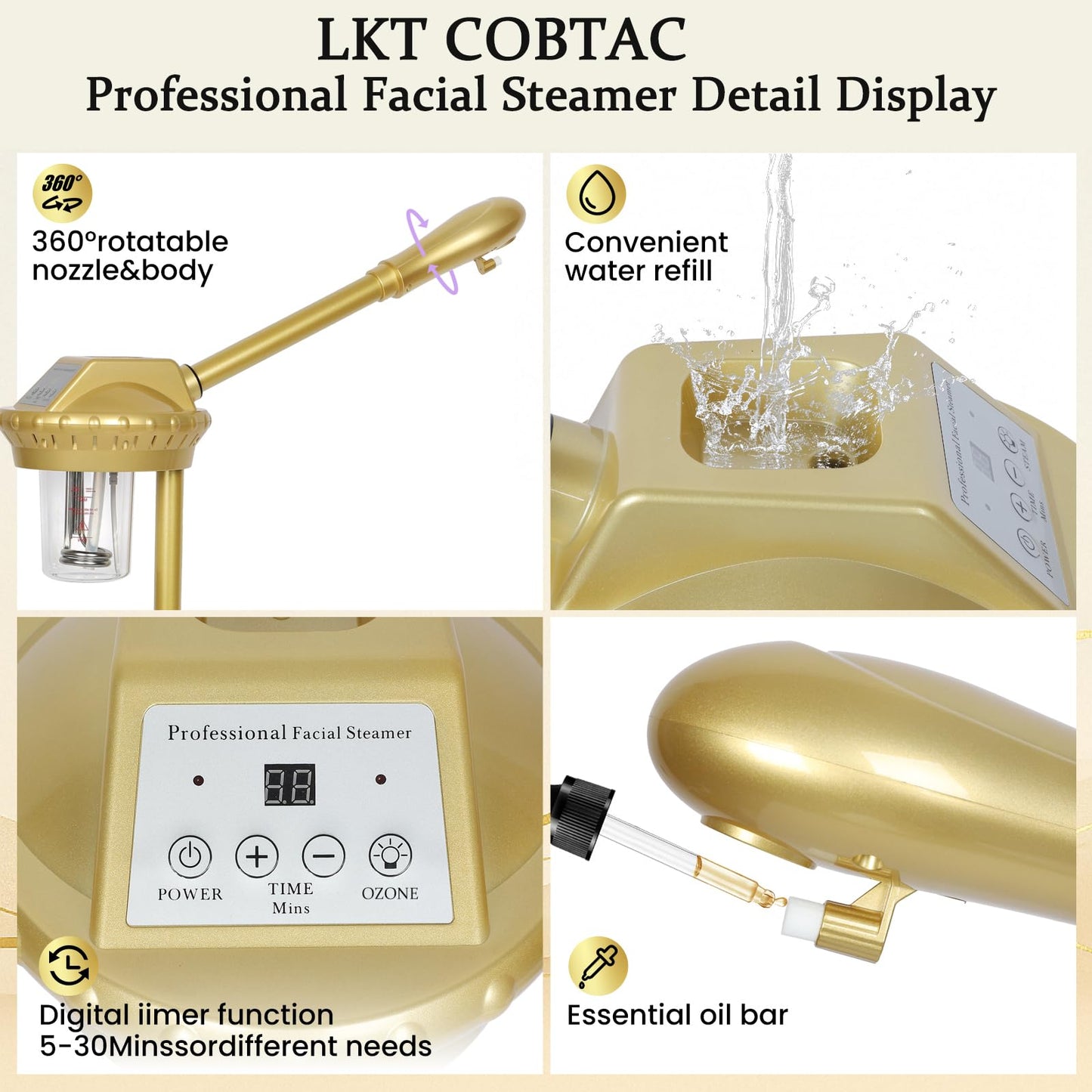 Professional Facial Steamer on Wheels,Gold Ozone Steamer for Face with 30-Minutes Timer,Spa Face Steamer for Deep Facial Cleansing