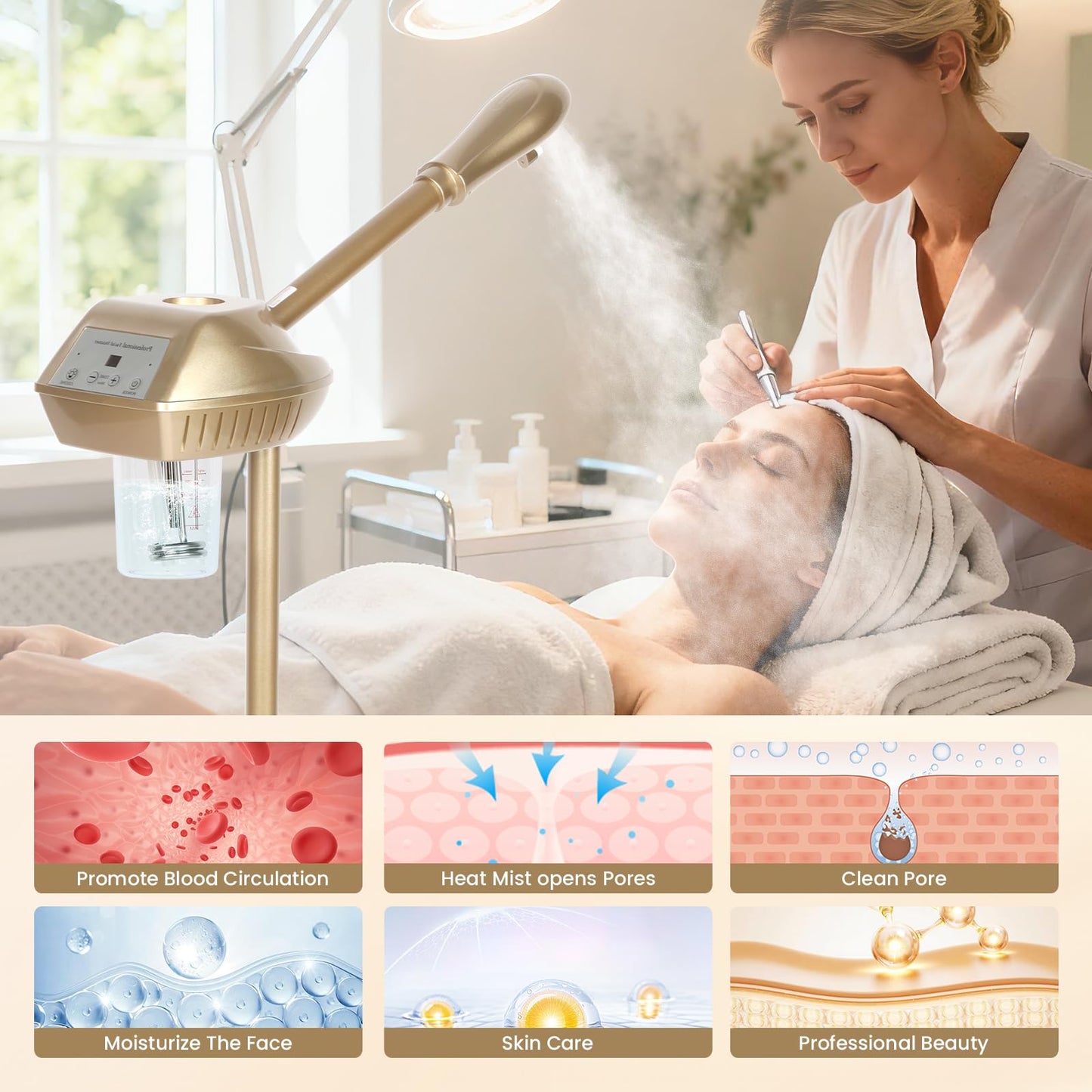Facial Steamer, Face Steamer with More Steam for Deep Cleansing and Hydration, Adjustable Height and Angle, Estheticians Steamer with Time Setting, Facial Humidifier for Spa, Salon and Home Use