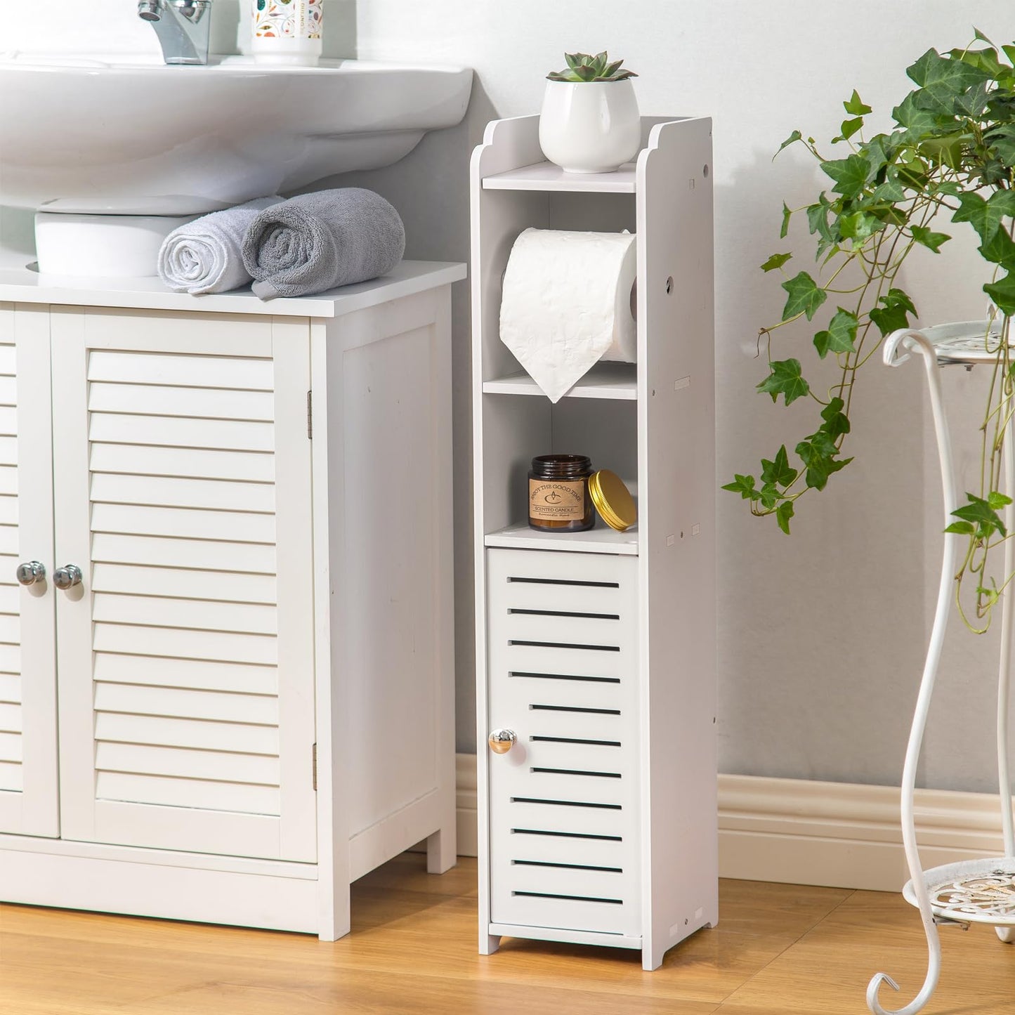 AOJEZOR Toilet Paper Holder Stand: No Drill PVC Small Bathroom Cabinet for Apartment Dwellers - Rental Deposit Protection - Small Space Storage Saving