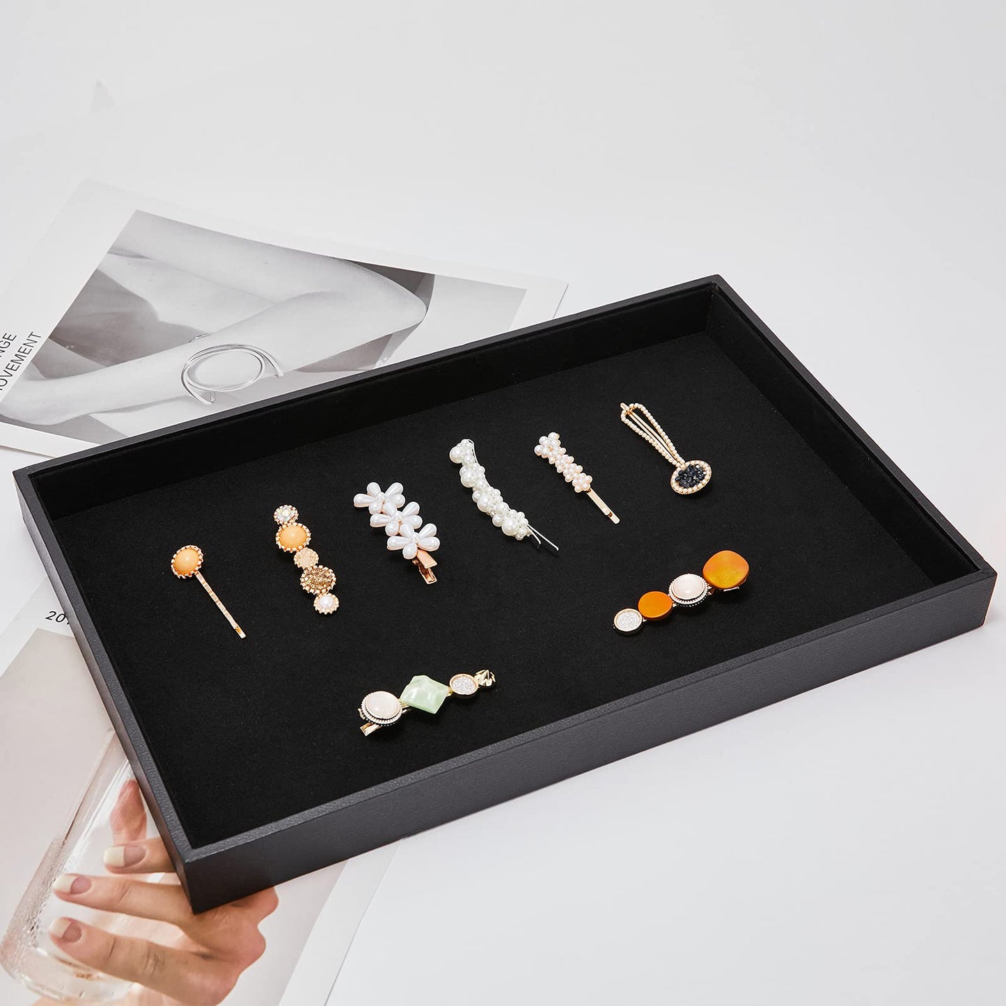 XCRUI Black Velvet Stackable Jewelry Tray Showcase Display Earring Necklace Bracelet Rings Organizer…… (4 pcs)