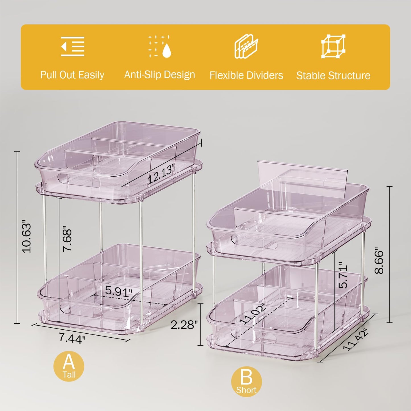 Delamu 2-Tier Under Sink Organizers and Storage, Multi-Purpose Stackable Bathroom Cabinet organizers, Pull Out Kitchen Pantry Organization and Storage with Dividers(2 Pack, Purple)