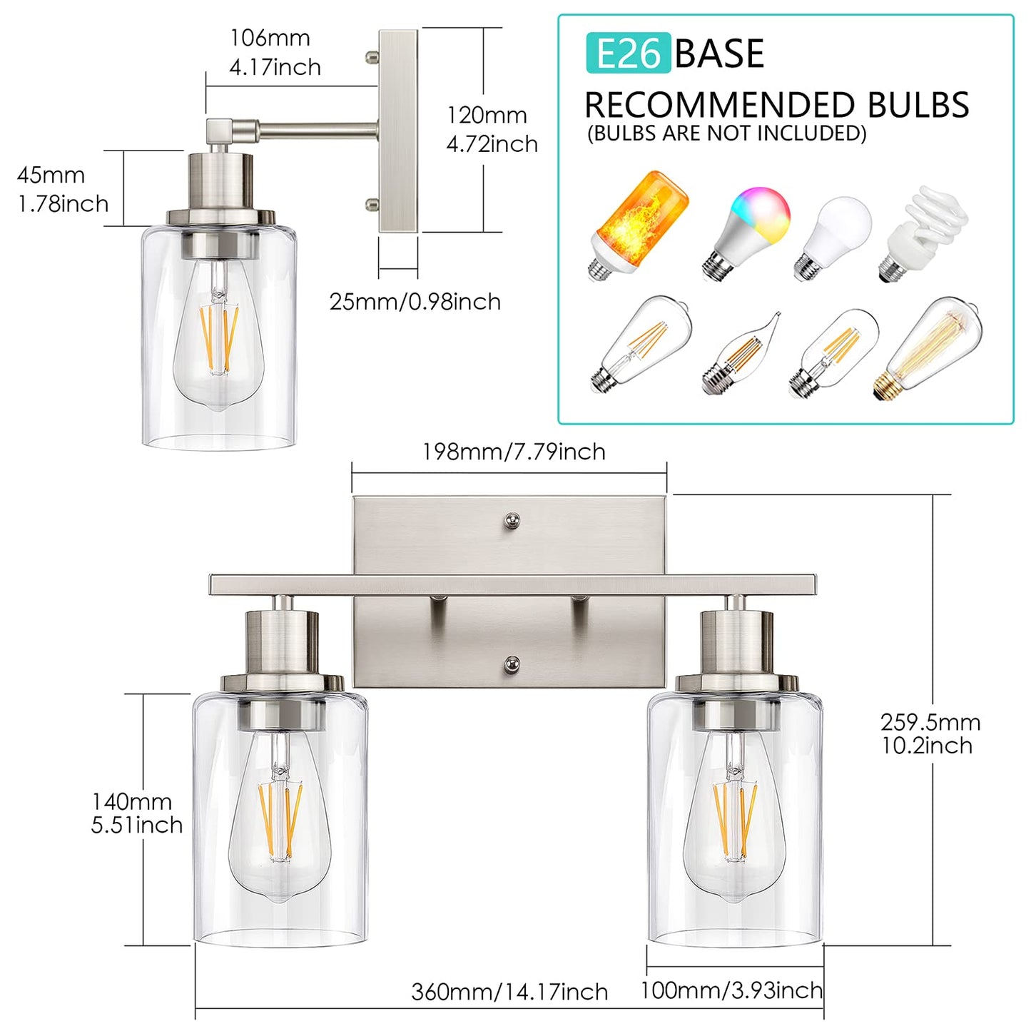 ShineTech 2-Light Bathroom Vanity Light Fixture, Brushed Nickel Bathroom Light Fixtures Over Mirror, Modern Wall Mounted Bathroom Lighting with Clear Glass Shade for Bathroom, Bedroom, Hallway