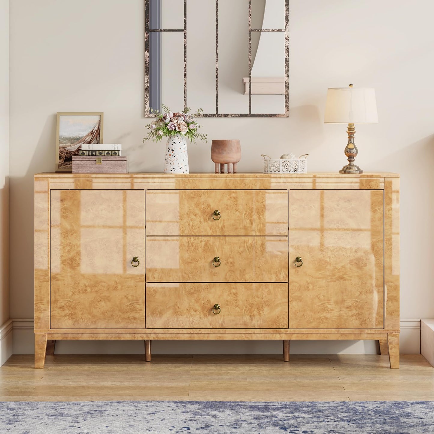 LUXOAK High Gloss Sideboard Buffet Burl Wood 60'' Cabinet Buffet Table with 3 Drawers & 2 Closed Storages, Mid-Century Modern Sideboard for Dining Living Room, Blond Burl