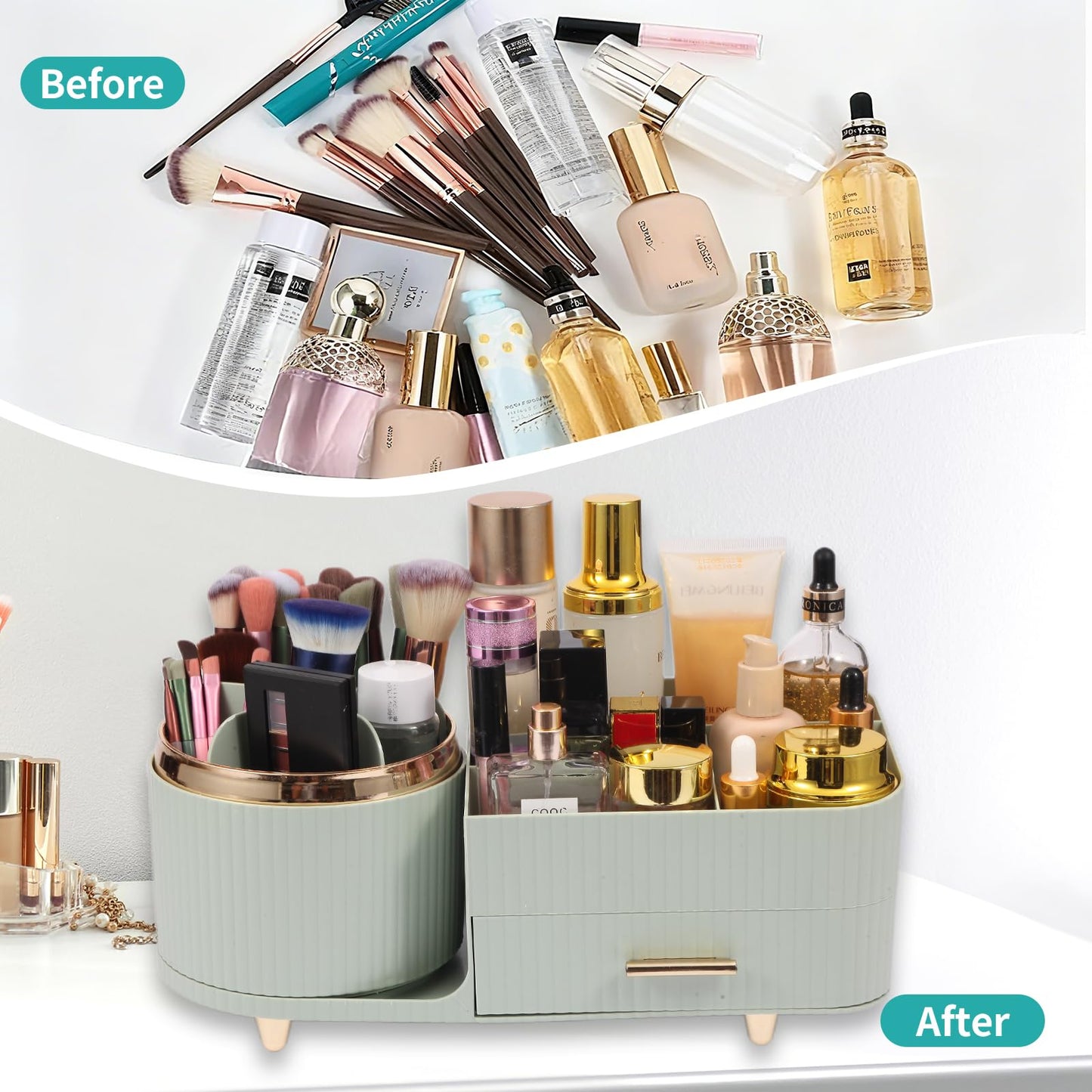 Zufudo Makeup Organizer Countertop with Drawer 360 Rotating Brush Holder Storage Large Capacity Skincare Cosmetic Display Cases for Vanity Bathroom Desktop, Model 3016 Green
