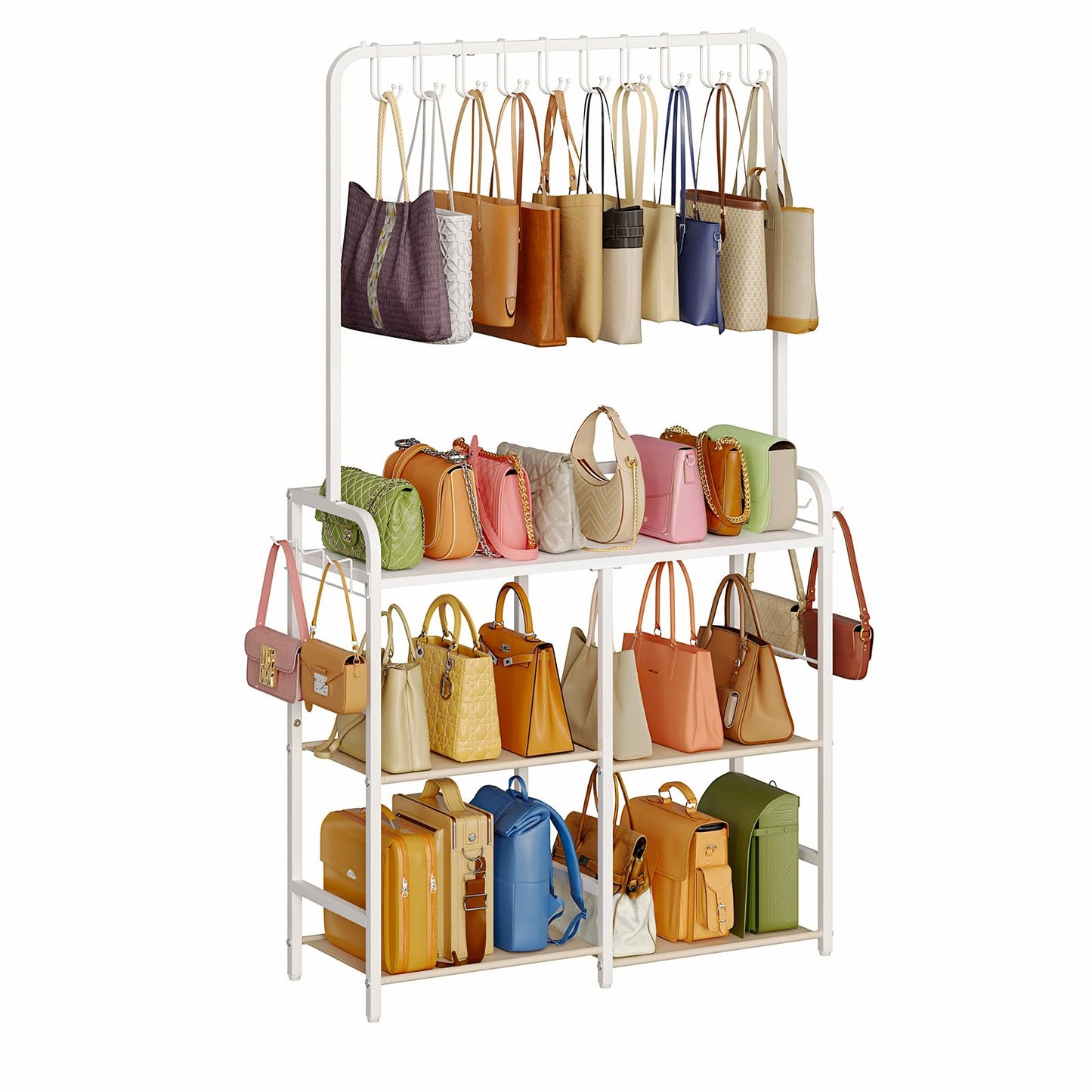 Large Purse Organizer for women with 10 Purse Hanger, 3-Tier Double Row Purse Rack Stand with 6 Side Hooks for Purse Storage, Space Saving Floor-Standing Handbag Organizer for Closet & Narrow Spaces