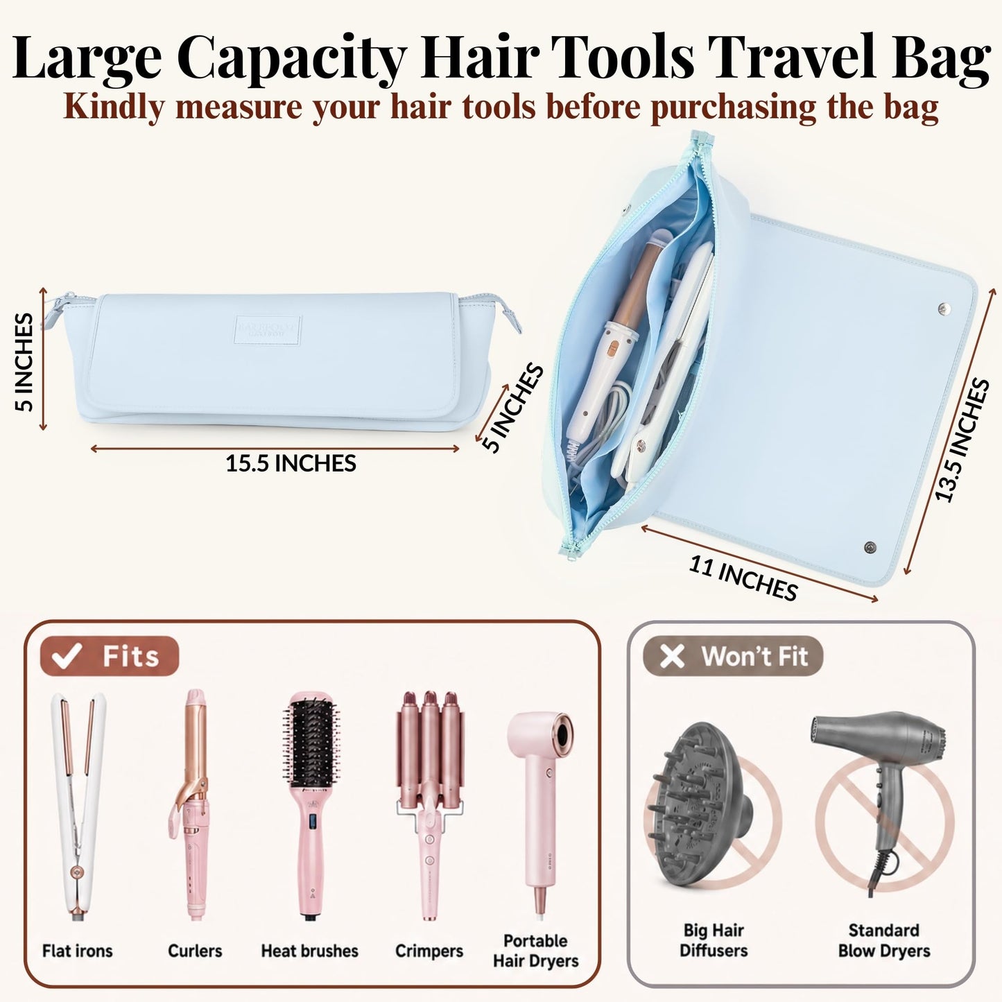 BAREFOOT CARIBOU Hair Tools Travel Bag and Heat Resistant Mat (15.5") for Flat Irons, Straighteners, Curling Iron, and Haircare Accessories, 2-in-1 design, with Interior Pockets, Organizer (Baby Blue)