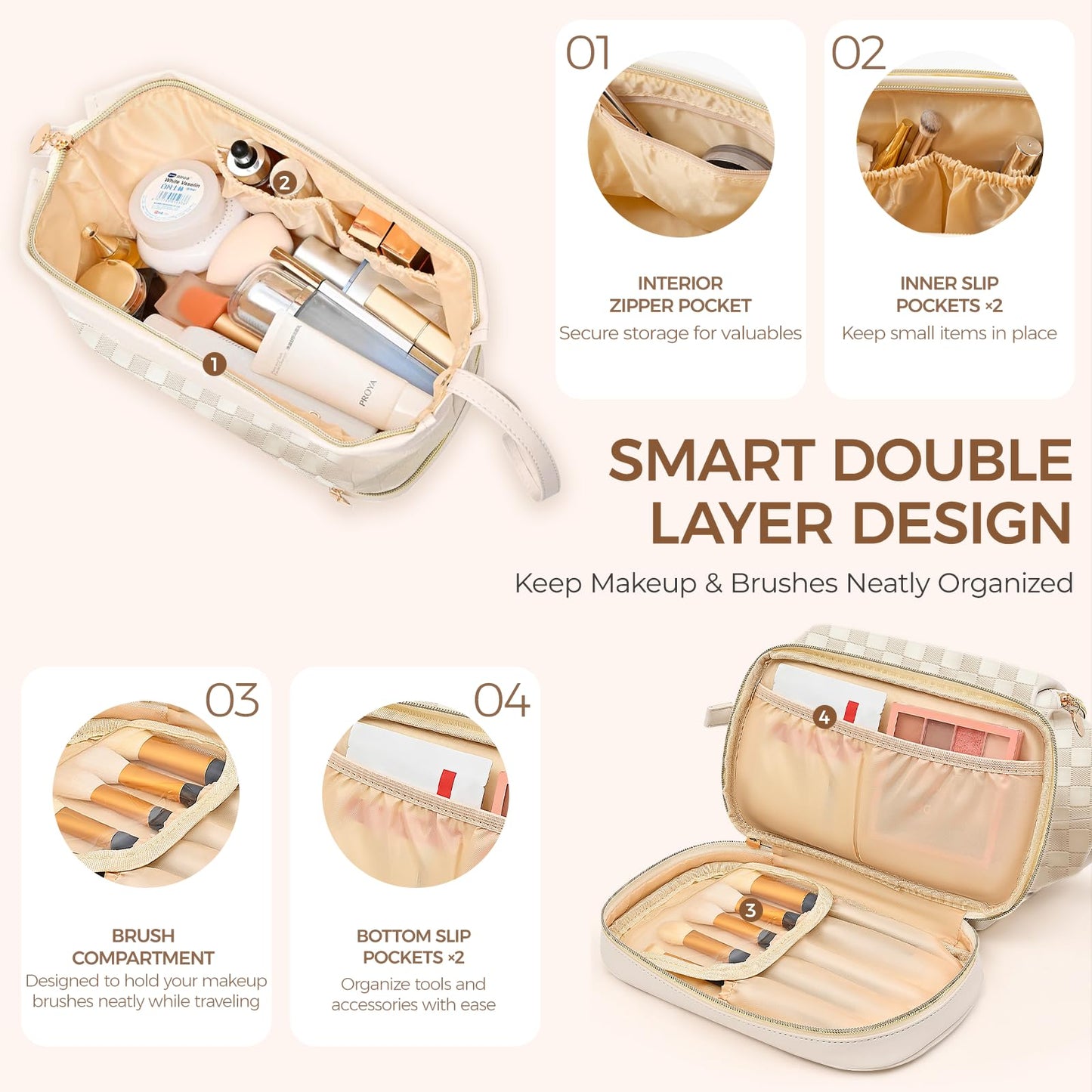 Hairao Large Makeup Bag for Women, Double Layer Travel Makeup Bag with Brush Compartment, Waterproof PU Leather Cosmetic Bag, Checkered Toiletry Bag Makeup Organizer for Skincare & Toiletries, Beige