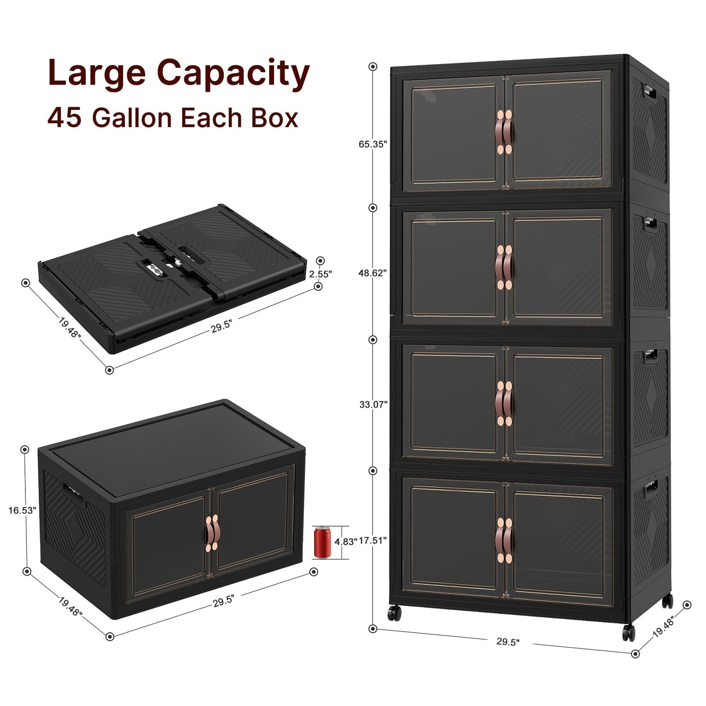 UAMFURI Stackable Storage Bins with Lids, 720QT Lockable Storage Cabinet, Foldable Storage Box with Doors and Wheels, Plastic Drawers for Home, Garage, Office (4, Black, Extra Large)