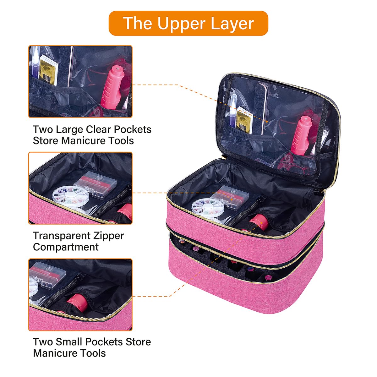 YAHOURWAT Nail Polish Organizer Bag Double Layer Capacity Portable Travel Storage Case Holds 30 Bottles (15 ml/0.51 floz) Nail Supplies Holder Bag Designed for Nail Tools Rose Red